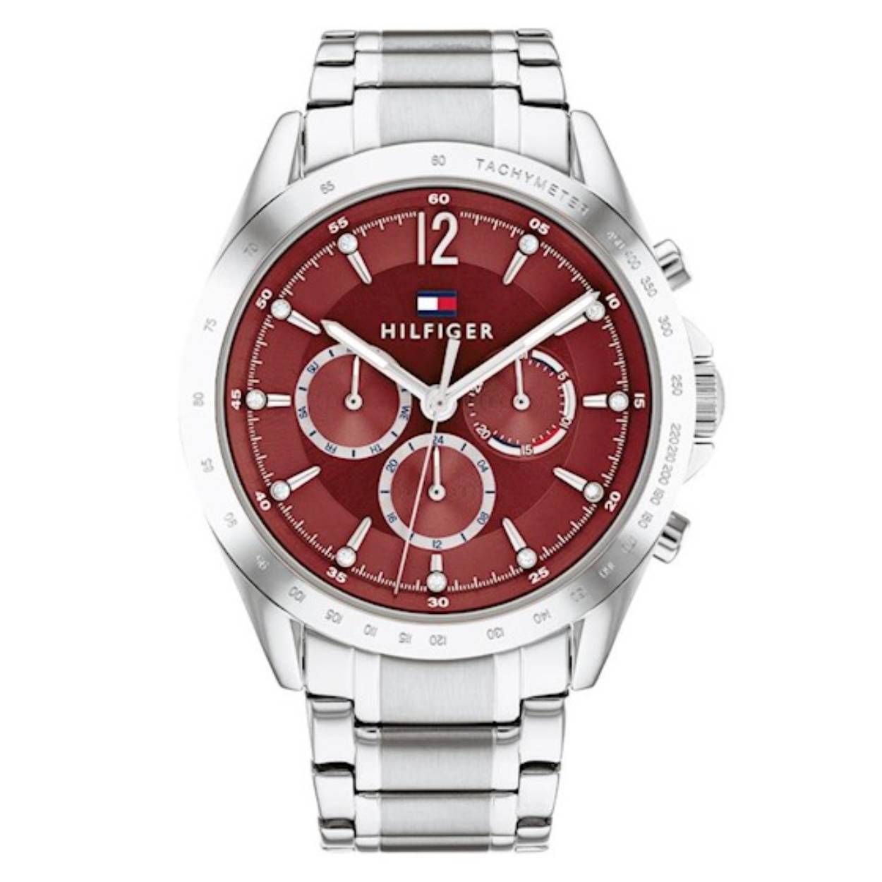 Dames Horloge met roodkleurige wijzerplaat en zilverkleurige roestvrij stalen schakel band.
