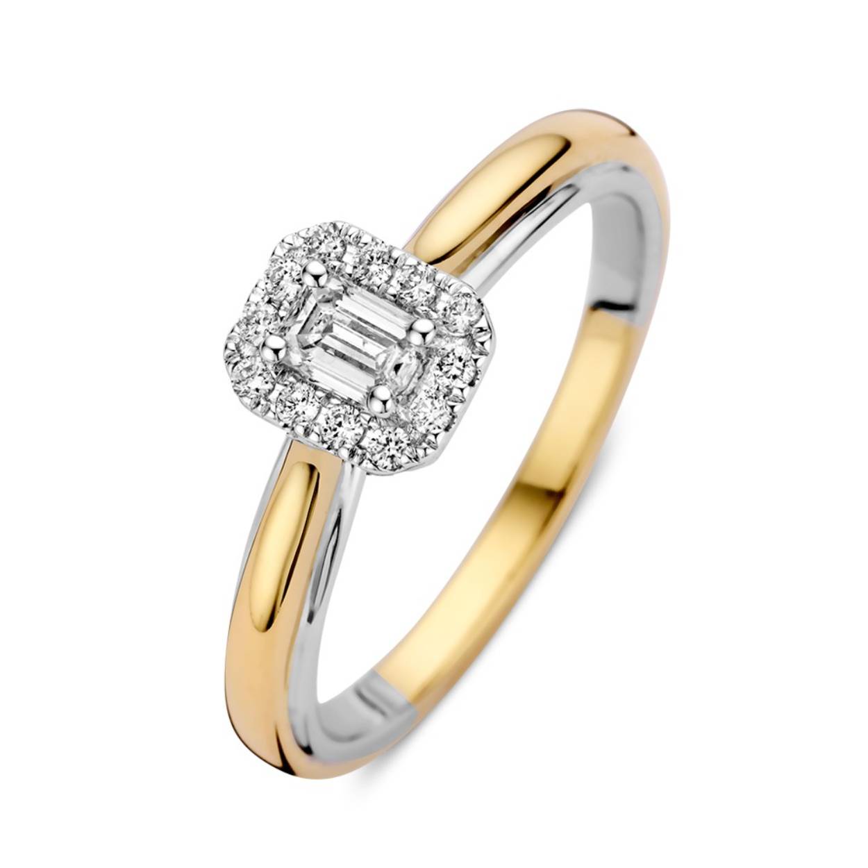 14k bicolor massief gouden ring met diamant 0.33ct. Briljant geslepen diamanten 0.10ct en een emerald geslepen diamant van 0.23ct H Si