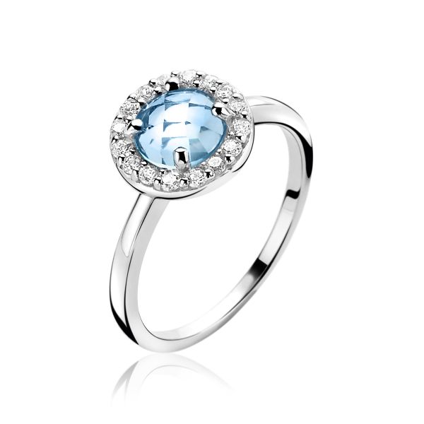 zilveren ring met blauwe steen/zirc, maat 54