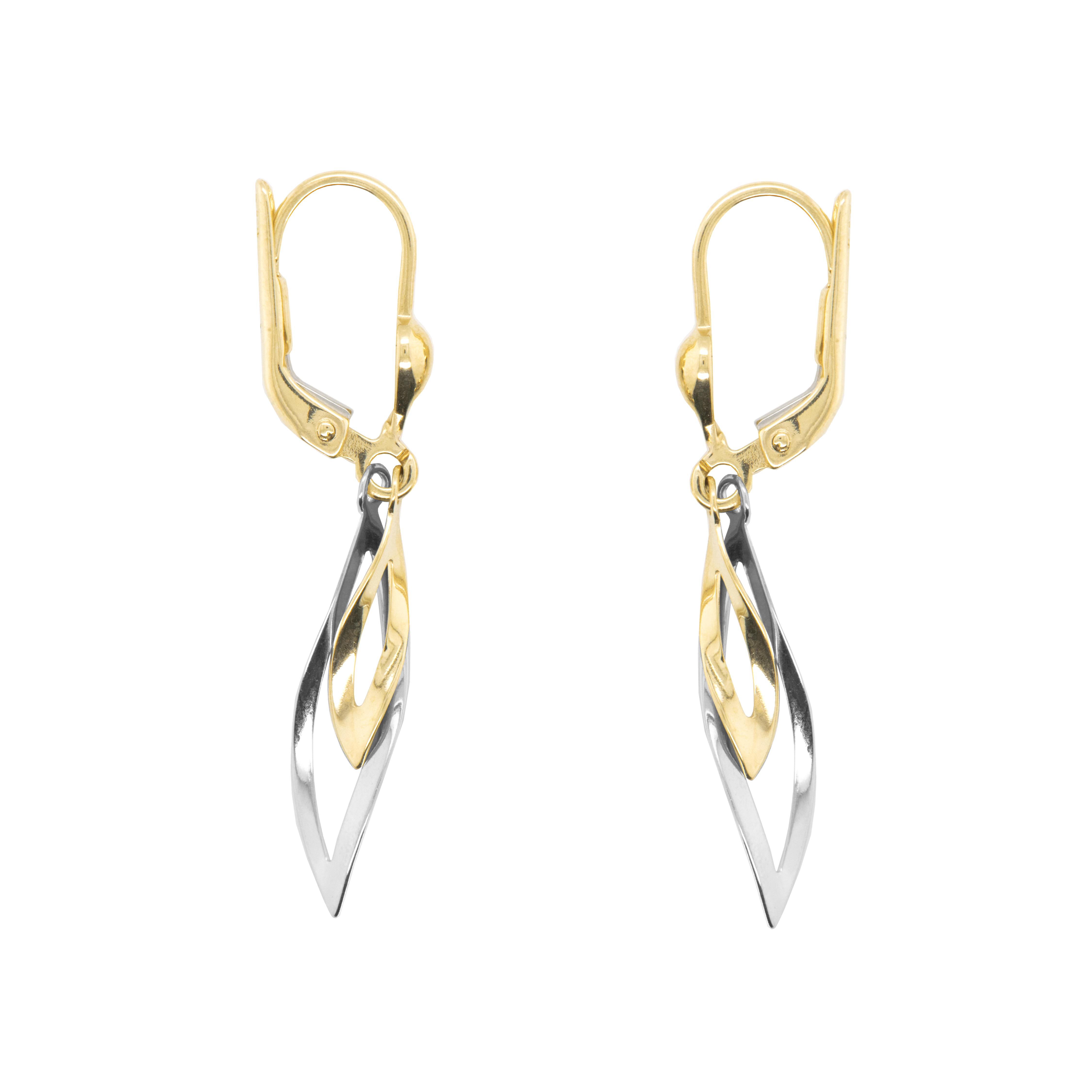 Deze bicolor gouden oorhangers zijn ontzettend elegant. De twee bicolor fantasie vormen vallen perfect in elkaar en tijdens het dragen bungelen ze sierlijk onder het oor.