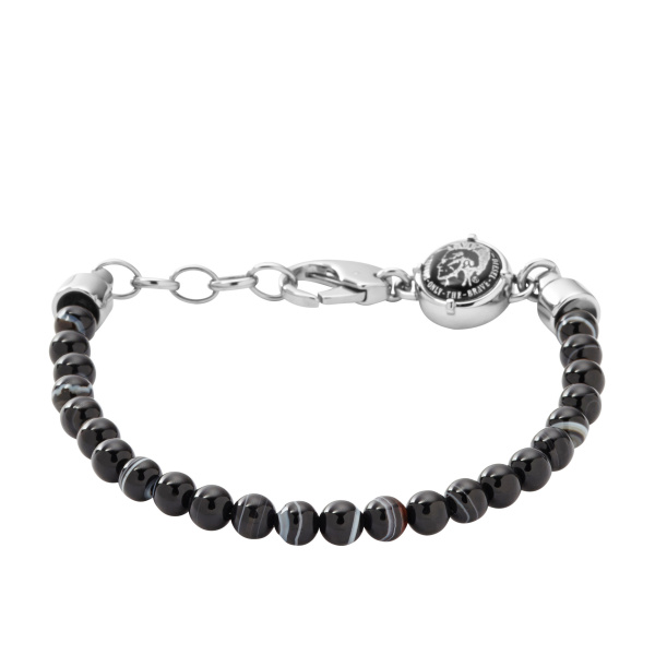 Diesel zwart ‘gemarmerde’ stenen- kralen armband met stalen accenten en sluiting.