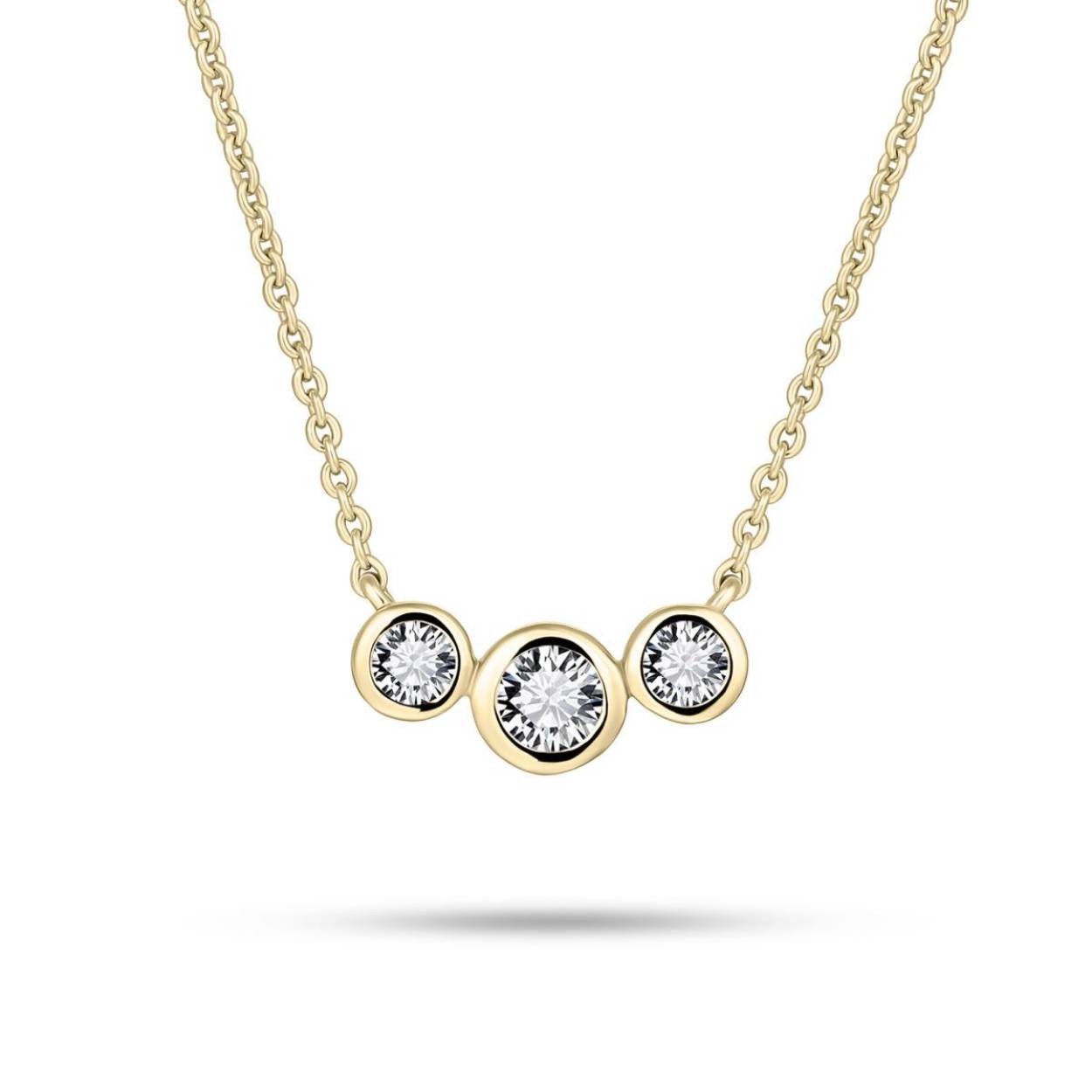 Luxe collier zilver goldplated met 3 briljant geslepen zirkonia's in een degelijke kast zetting.
Het collier kan gedragen worden tussen de 42 en 47 cm 