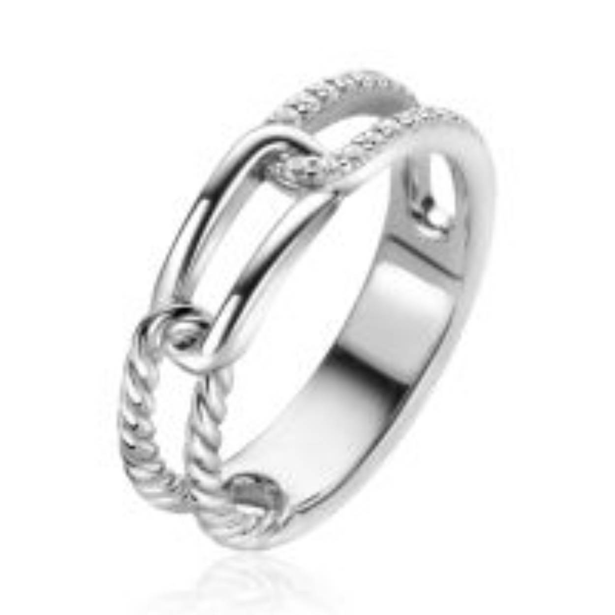 ZINZI zilveren luxe ring (5mm breed) met drie trendy paperclip-schakels aan elkaar verbonden: de gedraaide buis, gladde buis en bezet met witte zirconia's. Vervaardigd van eerste gehalte zilver (925) en voorzien van een extra rodiumlaag voor een langdurige glans.
