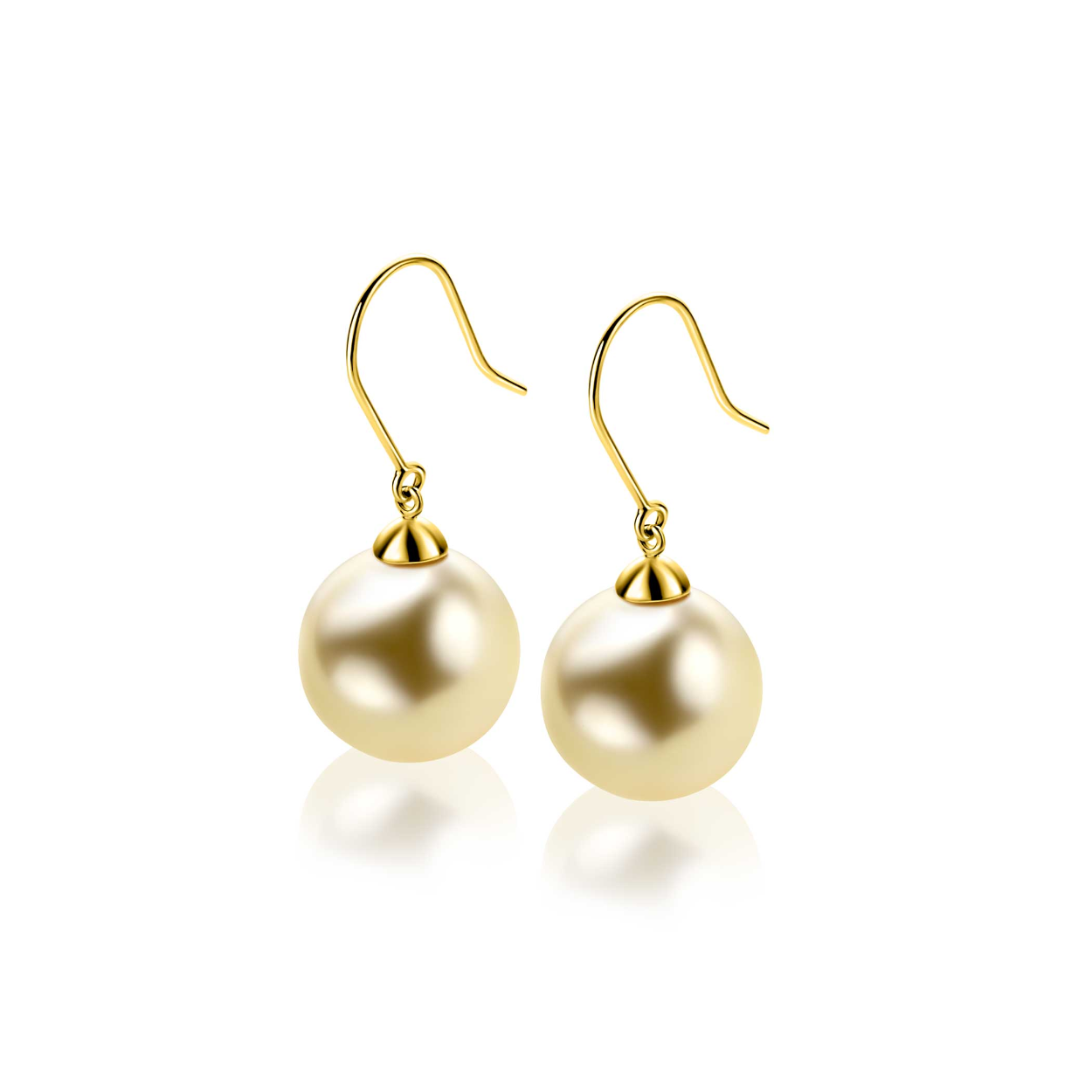 ZINZI Gold 14 krt gouden oorhangers met ronde goudkleurige Swarovski crystal parel 12mm. De oorhangers zijn 30mm lang. Vervaardigd van geheel 14 karaat goud (585).