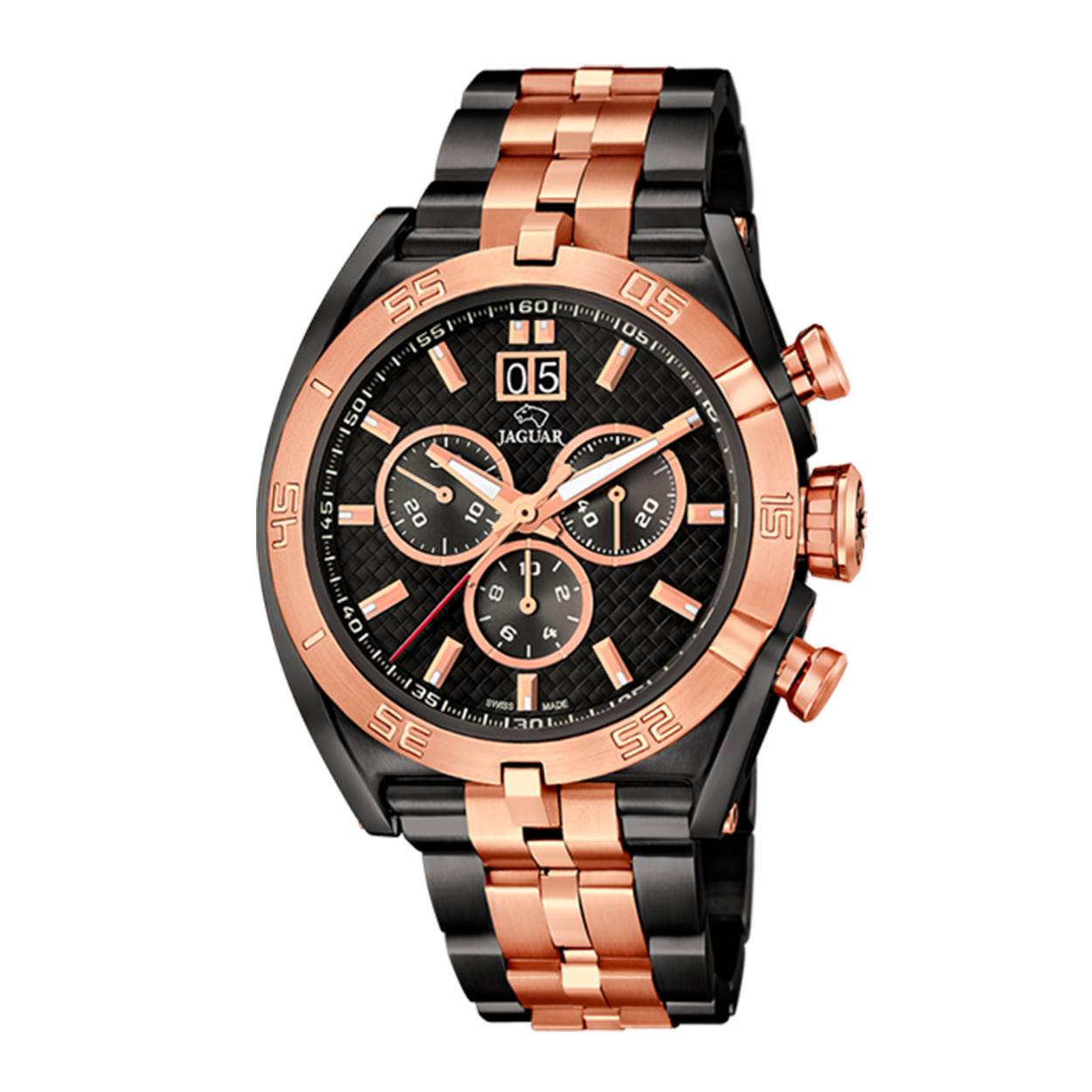 De Jaguar J811/1 is een stijlvolle, Zwitserse horloge met een roestvrijstalen kast en saffierglas. Het heeft een chronograaf functie en is 10 ATM waterbestendig. De zwarte wijzerplaat met strepen en een rose gouden roestvrijstalen band geven het een elegante uitstraling. Perfect voor formele gelegenheden en dagelijks gebruik. Nikkelvrij en anti-allergisch, dus vriendelijk voor de huid.