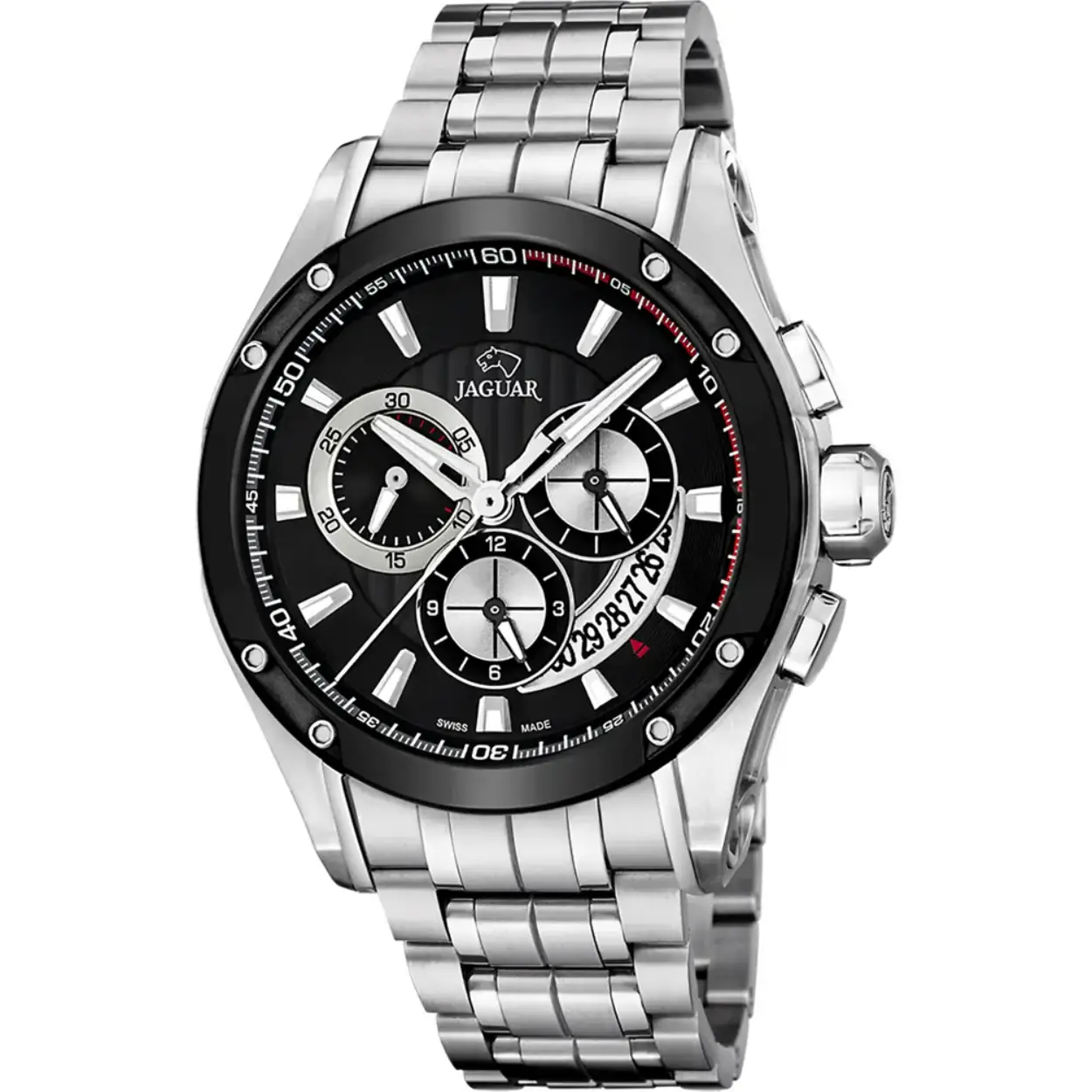 Dit Jaguar horloge heeft een kast gemaakt van Roestvrijstaal met een diameter van 45 mm en is voorzien van een metalen band.  
Met Saffierglas