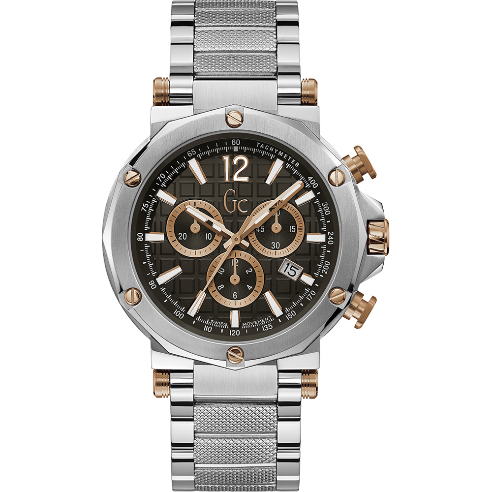 Guess Collection  stalen chronograaf heren horloge met dag/datum -donkere wijzerplaat met rose accenten en een mineraal glas met saffier coating.