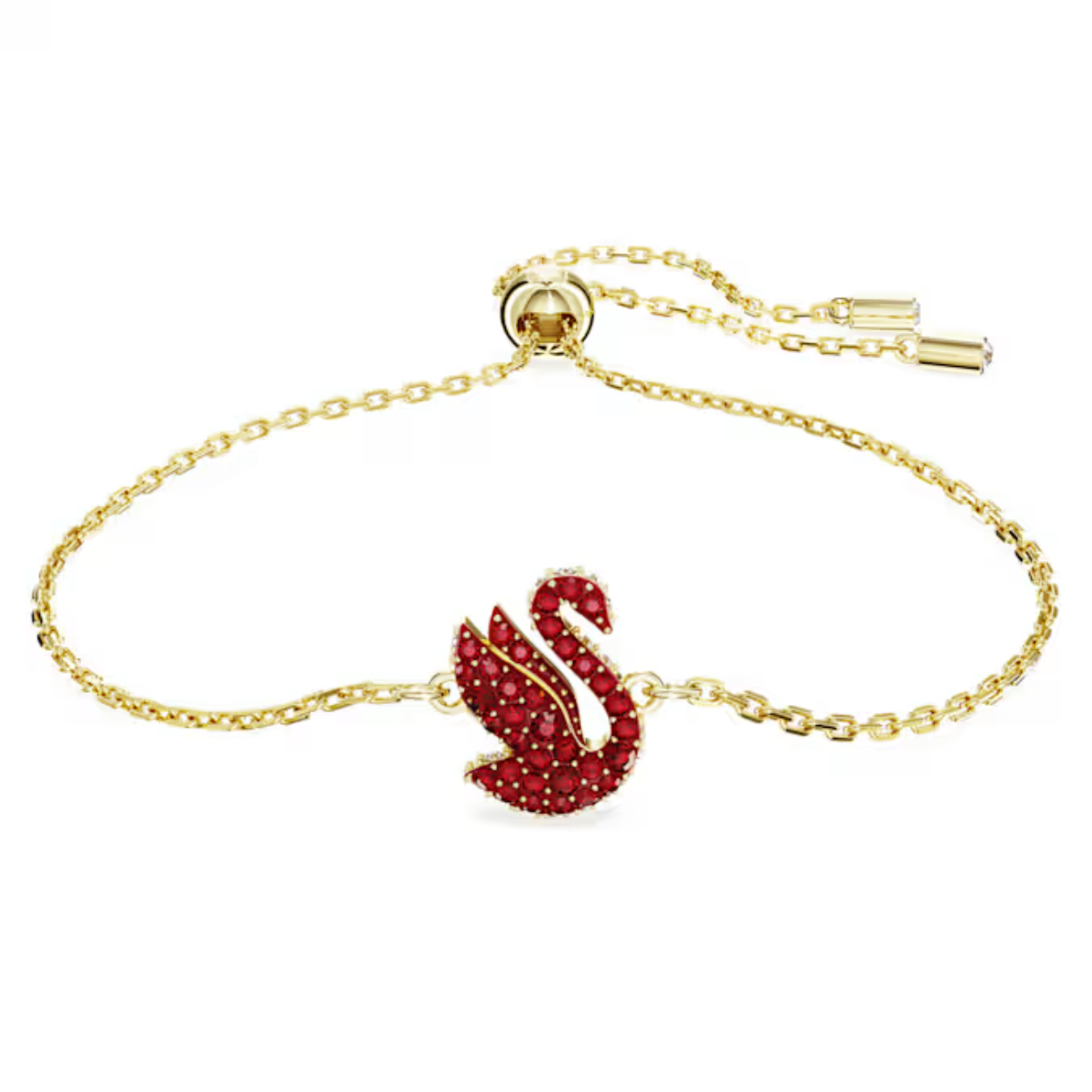 Deze charmante armband geeft uw dagelijkse outfits een elegant accent. Het fijne en zachte ontwerp met een goudkleurige toplaag, dat is geïnspireerd op de iconische Swarovski-zwaan, is voorzien van bijzonder rood kristalpavé en bevat een schuifsluiting voor de perfecte pasvorm. Draag dit sieraad voor een inspirerende look of geef het cadeau aan een speciaal iemand.