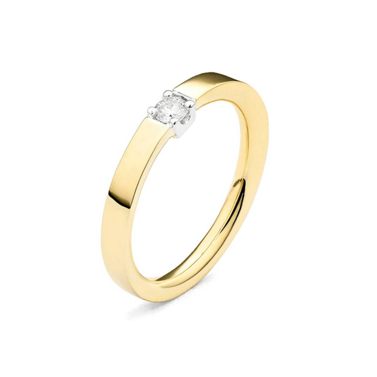 Solitair ring met diamant uitgevoerd in geheel geelgoud.
Gezet met een 0.03 crt Hi-Si diamant.
Op de foto is een bi-color afgebeeld. Ring is verkrijgbaar in geelgoud, bi-color en witgoud. Ook is dit een mooie aanzoeksring.
