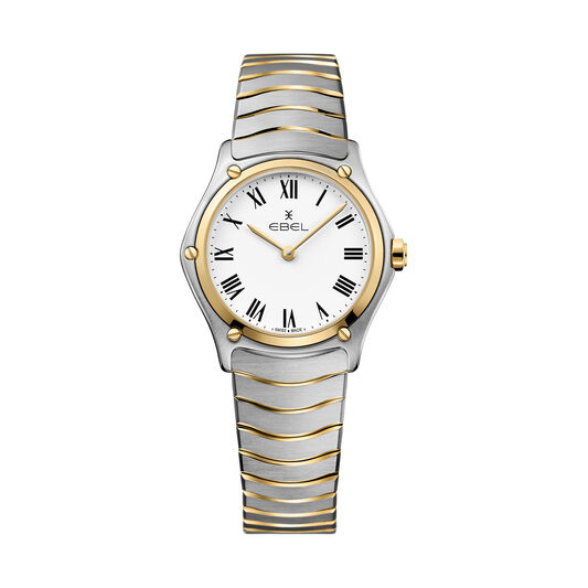 Dit dameshorloge is van het merk Ebel. Het is een horloge gemaakt van goud. De diameter van de kast is29 mm.
De verdere specificaties van het horloge zijn als volgt:
Glassoort: saffier kristal
Waterdichtheid: 5 ATM
Techniek: quartz
Wijzerplaatkleur: Wit
Bandkleur: Zilver
Karaat: 18
Kastkleur: Goud