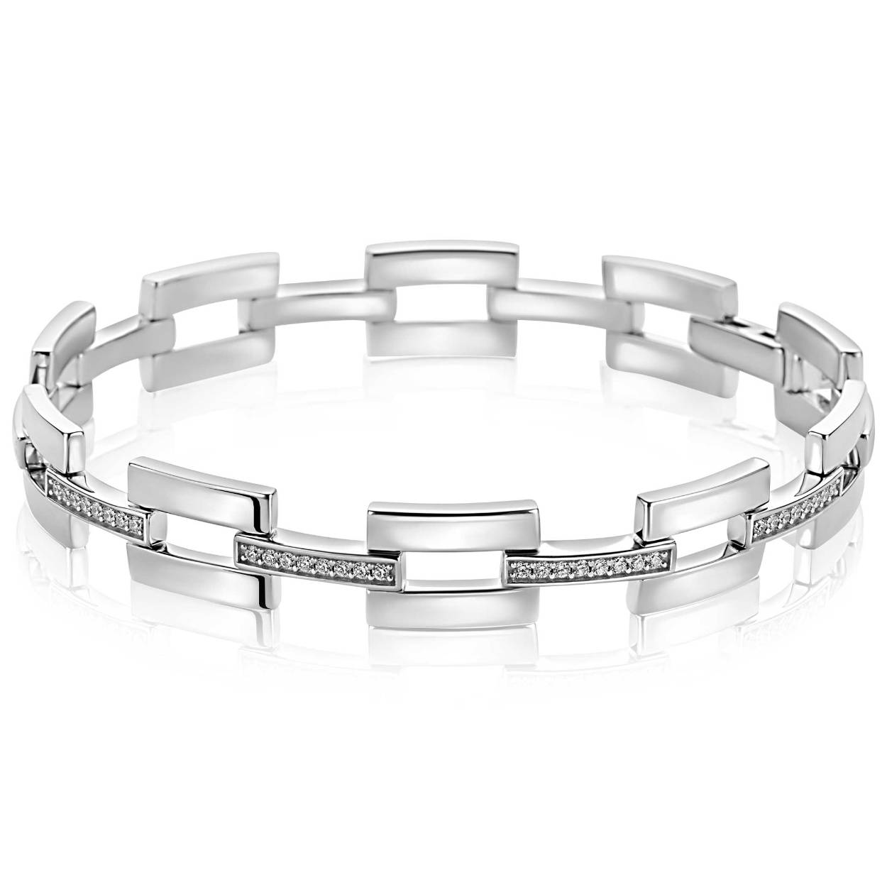 ZINZI zilveren schakelarmband met rechthoekige schakels en schitterende verbindingsstukjes, bezet met witte zirkonia's. De armband is 9mm breed en is exclusief ontworpen door Mart Visser. Deze armband draagt herkenbaar de signatuur van Mart Visser. Vervaardigd van eerste gehalte zilver (925) en met extra rodiumlaag voor een langdurige glans.