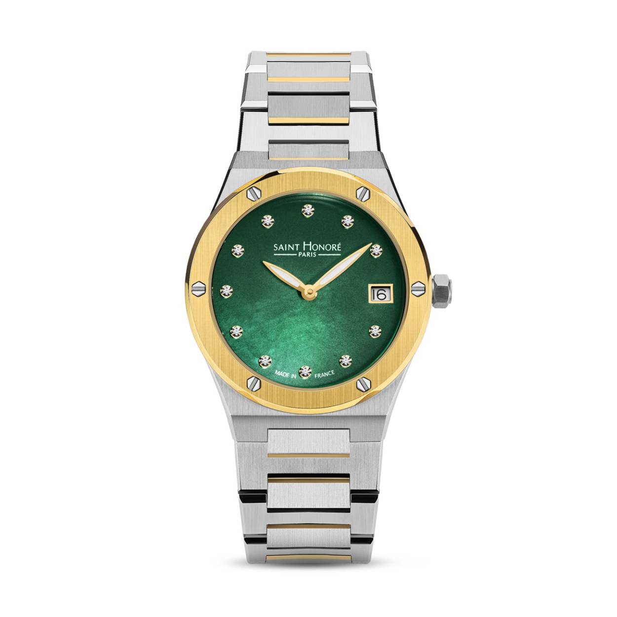 Dameshorloge bicolor met prachtig groene wijzerplaat en diamant