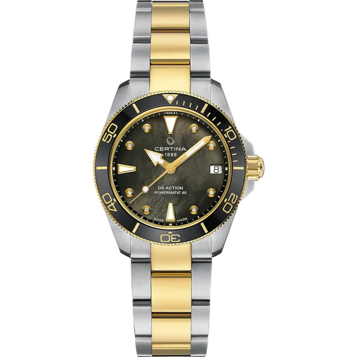 Deze nieuwste toevoeging aan de DS Action-lijn is de perfecte pasvorm voor dames met een slanke pols. Ondanks zijn bescheiden formaat biedt dit duikhorloge 30 ATM waterdichtheid, een betrouwbaar automatisch ETA 80.111 uurwerk, ontspiegeld saffierglas en enorm veel stijl! Echte diamanten indexen markeren de uren en voegen een extra vrouwelijke toets toe aan een toch al elegant horloge.