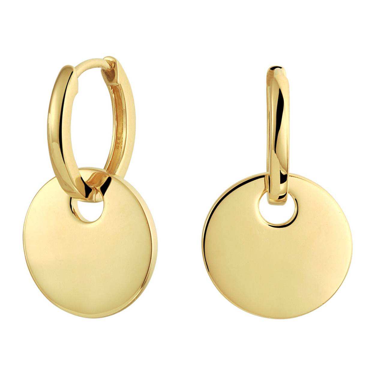 Geelgoud op 925 zilveren oorringen uitgevoerd met een hanger in de vorm van een rondje. De oorringen hebben een totale hoogte van 2.8cm. De hanger heeft een diameter van 16mm. Geen garantie op plating.