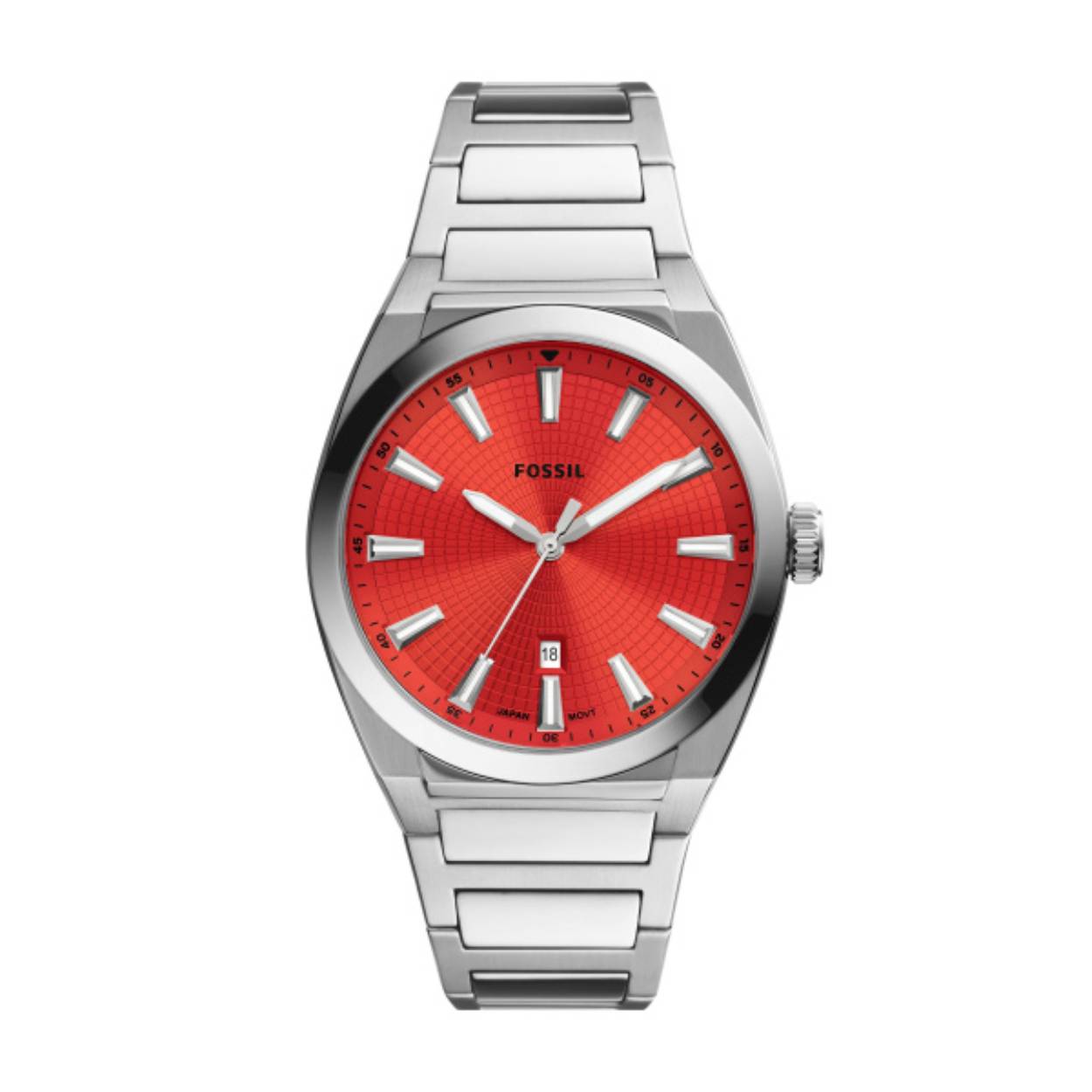 Everett roestvrij stalen horloge met drie wijzers en rode wijzerplaat.