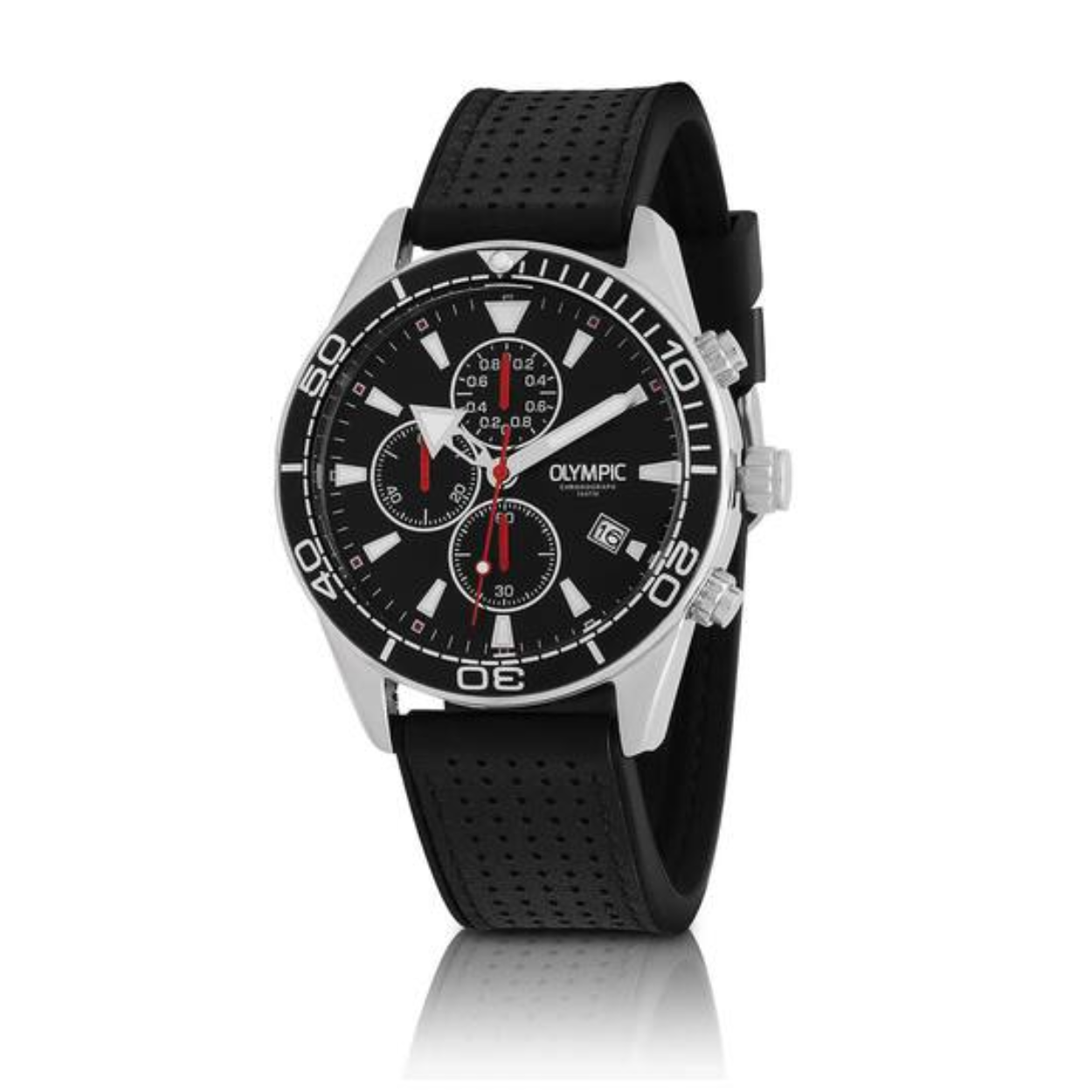 Olympic OL72HSL074 ADAM Horloge - Staal - Leer - Zwart - 44mm 
Dit unieke Olympic horloge met artikelnummer: OL72HSL074 is een herenhorloge met chronograaf en heeft een sportieve uitstraling. De stalen kast heeft een zwarte bewerkte bezel en een zwarte wijzerplaat met een datum en chronograaf. De uursaanduiding is opvallend door de lumibrite strepen en wijzers. De rode accenten geven het horloge een sportief uiterlijk. Aan de stalen kast zit een zwarte leren band met gespsluting. Het horloge heeft een mineraalglas, een doorsnee van 44mm en is 10ATM.

Waterdichtheid 10ATM
Dit horloge is bestand tegen water bij het zwemmen en douchen. Dit horloge is niet bestand tegen (grote) waterdruk dus je kunt er niet mee duiken.

Het merk:
Een mooi horloge hoeft niet duur te zijn! Het Nederlandse horlogemerk Olympic levert stoere chronografen, slimline series, digitale uurwerken en elegante dameshorloges. De prijs-kwaliteitverhouding staat bij Olympic hoog in het vaandel met prijzen die uiteenlopen van € 34,95 tot en met € 159,00.

100% Nederlands ontwerp, waterdicht en standaard 3 jaar fabrieksgarantie.

Specificaties:
- Ronde kast Ø 44mm
- Zilverkleurige stalen horlogekast
- Zwarte wijzerplaat
- Zwarte leren horlogeband
- 10ATM (Regen- & spatwaterdicht)
- Standaard 3 jaar fabrieksgarantie
- Mineraalglas