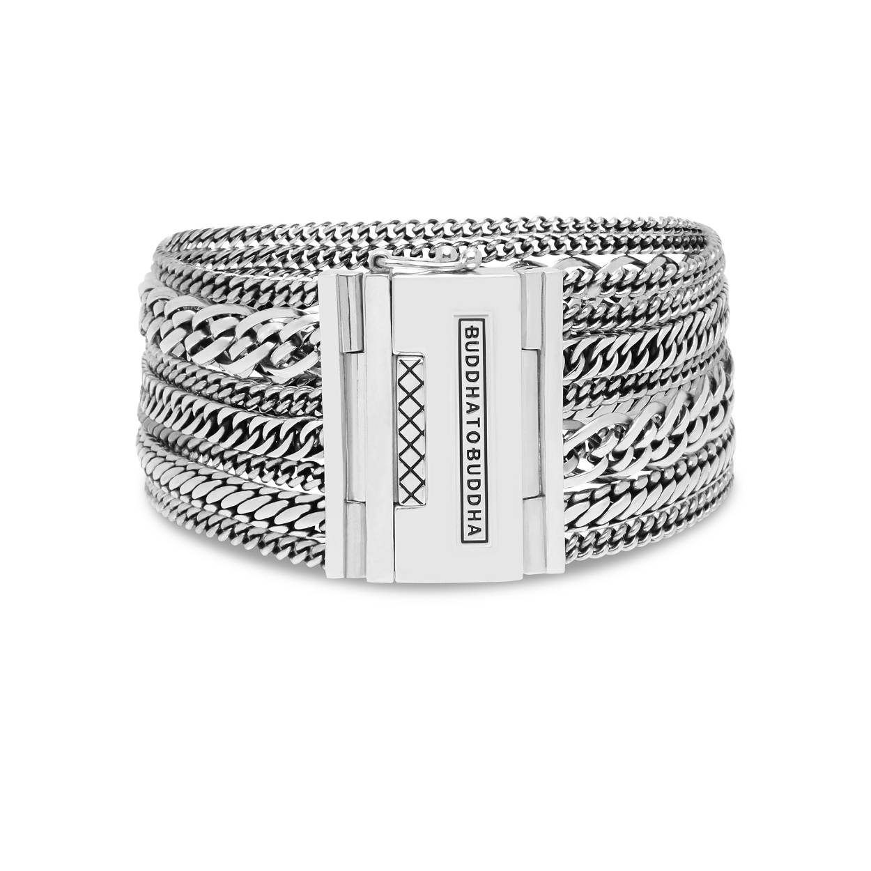 Buddha To Buddha  925 sterling 7 delig brede zilveren fantasie schakelarmband met baksluiting en veiligheidsachtje. Model: 124-Multi Chain Nathalie-in lengte -E en dat is 19 cm