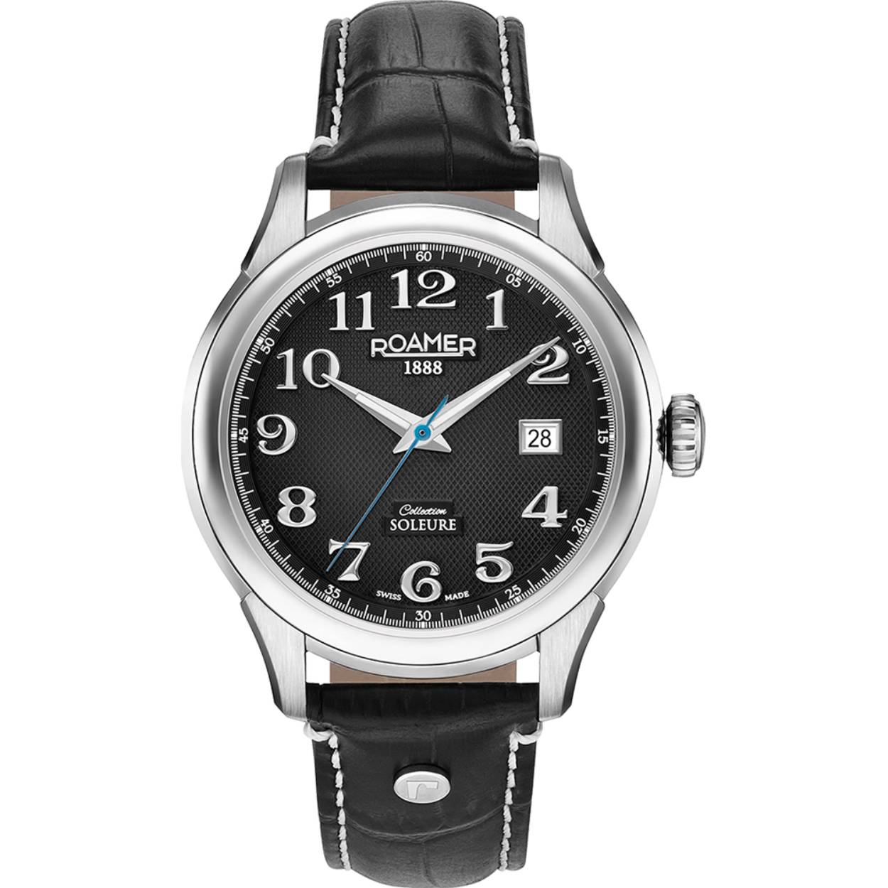 De Roamer Soleure Automatic 545660-41-56-05 is een prachtig, stijlvol Swiss Made mechanisch (automatisch) horloge. Onder de motorkap treft u het betrouwbare 28800bph STP 1-11 uurwerk, dat te vergelijken is met de ETA2824. Uiteraard is het horloge voorzien van saffierglas. 
De wijzerplaat van de Soleure Automatic is werkelijk prachtig: een fijn guilloche patroon met opgelegde markeringen. De kast heeft mooie, spannende lijnen, wat ervoor zorgt dat het geen saaie dress watch is, maar wel zeer stijlvol.