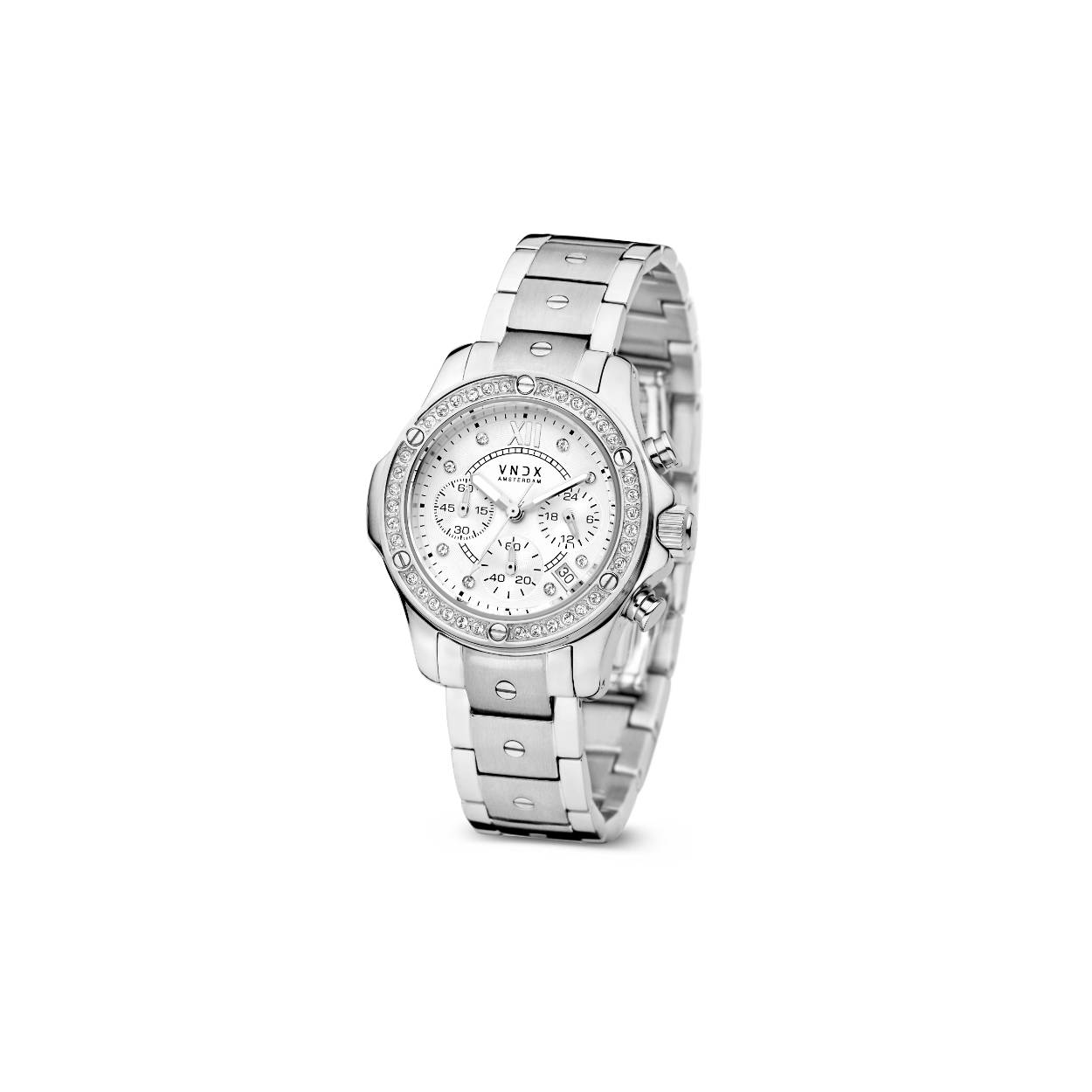 Laat je eigenzinnige stijl zien met dit horloge dat alle wetten overtreedt. Geniet van dit stijlvolle sieraad met roestvrijstalen band, witte wijzerplaat, stevige schroeven en schitterende Swarovski-stenen. Het leven is een feest, geniet ervan, schitter als een ster. Never too late!