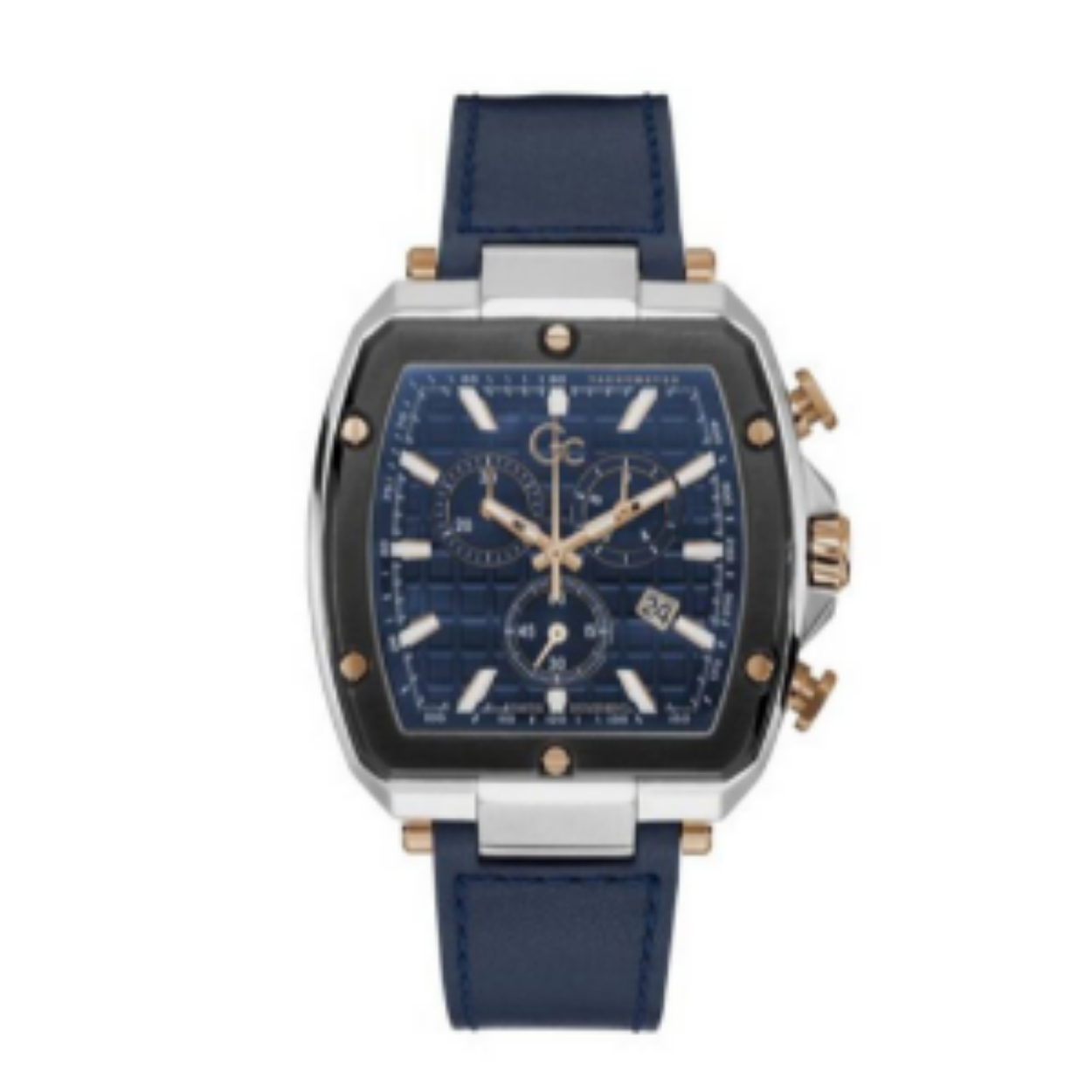 Dit stijlvolle herenhorloge uit de Gc Spirit Tonneau serie valt op door zijn trendy en elegante vorm. Deze zilverkleurige met ros�goudkleurige tonneau chronograaf heeft een blauwe wijzerplaat met ros�goudkleurige details. Zowel de wijzers als indexen zijn voorzien van een Super-LumiNova coating. Het horloge is tot 5 ATM waterdicht. De buitenkant van de band is blauw leer en de binnenzijde is silicone voor optimaal draagcomfort en duurzaamheid. Model: Y83001G7MF.