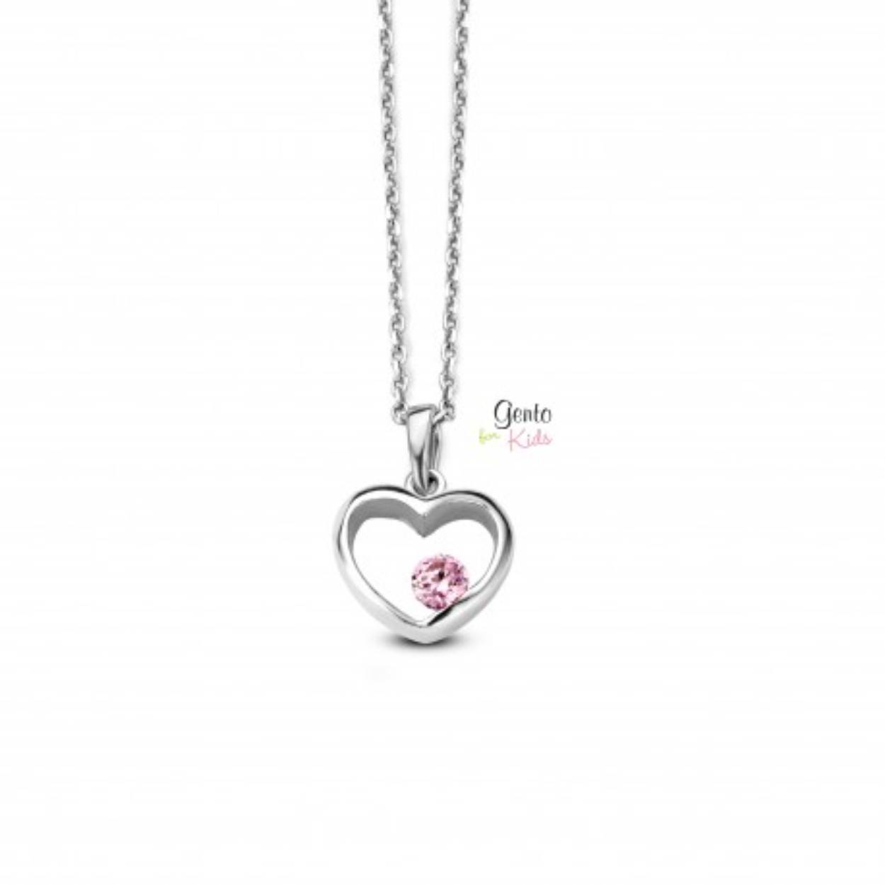 zilver ketting met hartje en roze steentje