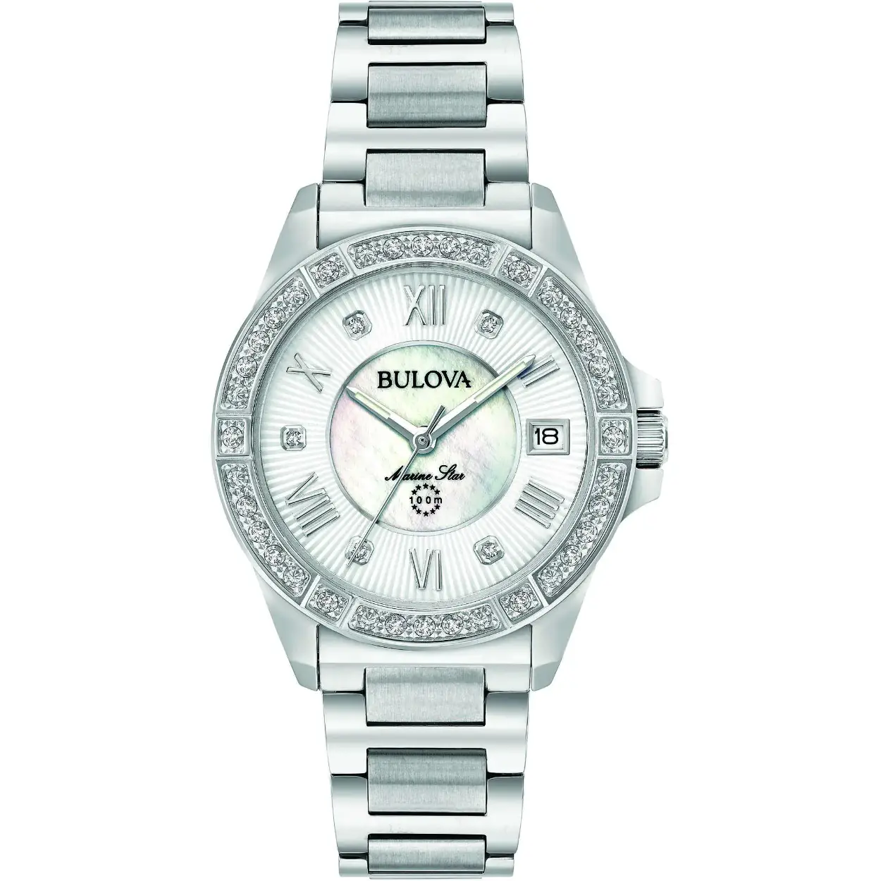 Marine Star Collection. Saffierglas. 100m WR. 32mm Quartz. witte parelmoer wijzerplaat. bezet met 29 diamanten