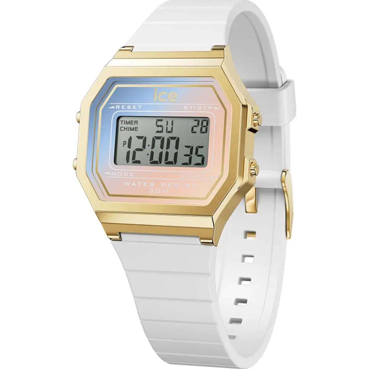 Op zoek naar een trendy en stijlvol horloge? Dan is de ICE WATCH DIGIT RETRO - WHITE MAJESTIC - SMALL 022718 zeker iets voor jou! Dit horloge heeft een digitale tijdaanduiding en een quartz uurwerk, waardoor je altijd precies weet hoe laat het is.

Met een diameter van 32 mm en een hoogte van 10 mm heeft dit horloge een compact formaat dat perfect is voor dagelijks gebruik. De vierkante behuizing is goudkleurig en gemaakt van kunststof, wat zorgt voor een moderne uitstraling. De blauwe wijzerplaat en het plexiglas glas maken dit horloge helemaal af.

De witte siliconen band zorgt voor een comfortabele pasvorm en is eenvoudig te verstellen met de gespsluiting. Daarnaast is dit horloge voorzien van een handige datumweergave, zodat je altijd op de hoogte bent van de juiste datum.

Met een waterdichtheid van 3 bar is dit horloge spatwaterdicht en dus geschikt om te dragen tijdens dagelijkse activiteiten. Of je nu gaat zwemmen, douchen of sporten, dit horloge kan het allemaal aan.