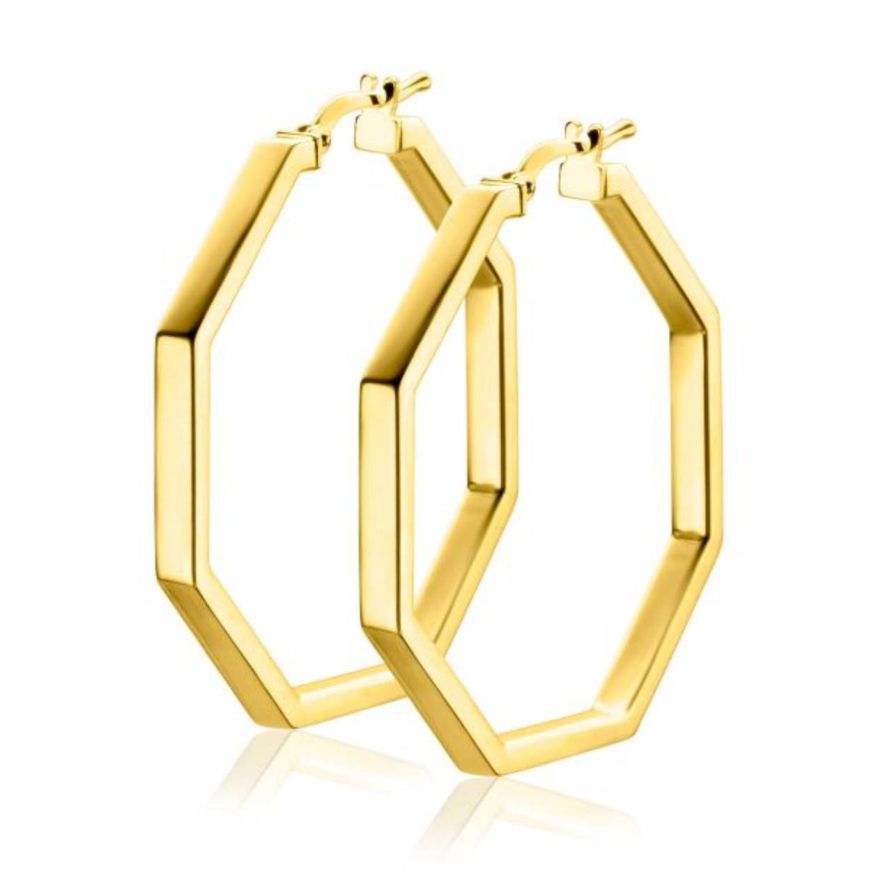 ZINZI gold plated zilveren oorringen in trendy zeshoek vorm. Grootte 35mm met 3mm gladde vierkante buis. Met gemakkelijke hefboom-sluiting. Vervaardigd van eerste gehalte zilver (925) en voorzien van een extra 14K geel vergulding.