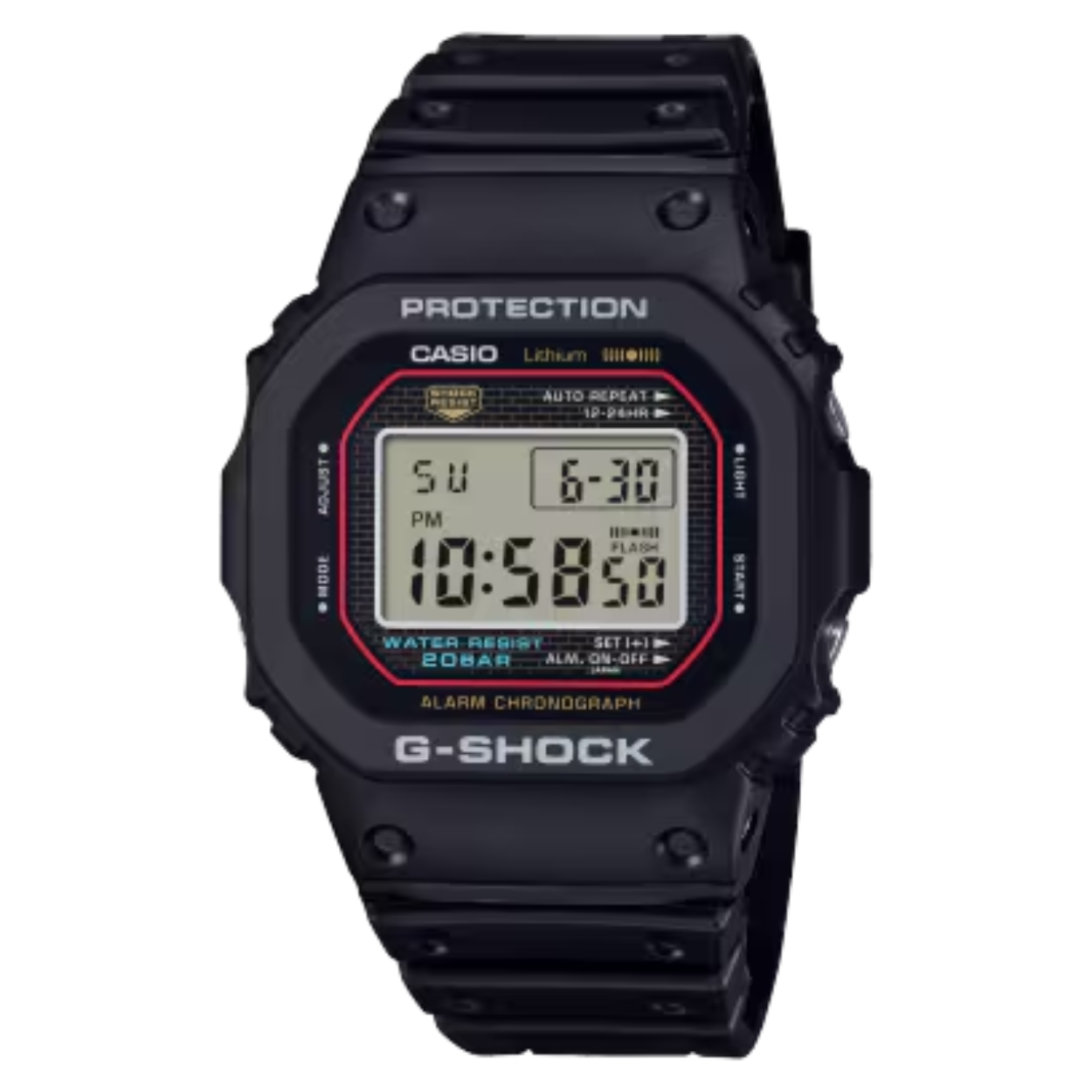 DW-5000R-1AER. Casio G-Shock horloge. Zwarte band en kast. Stopwatch, wereldtijden en alarm. 