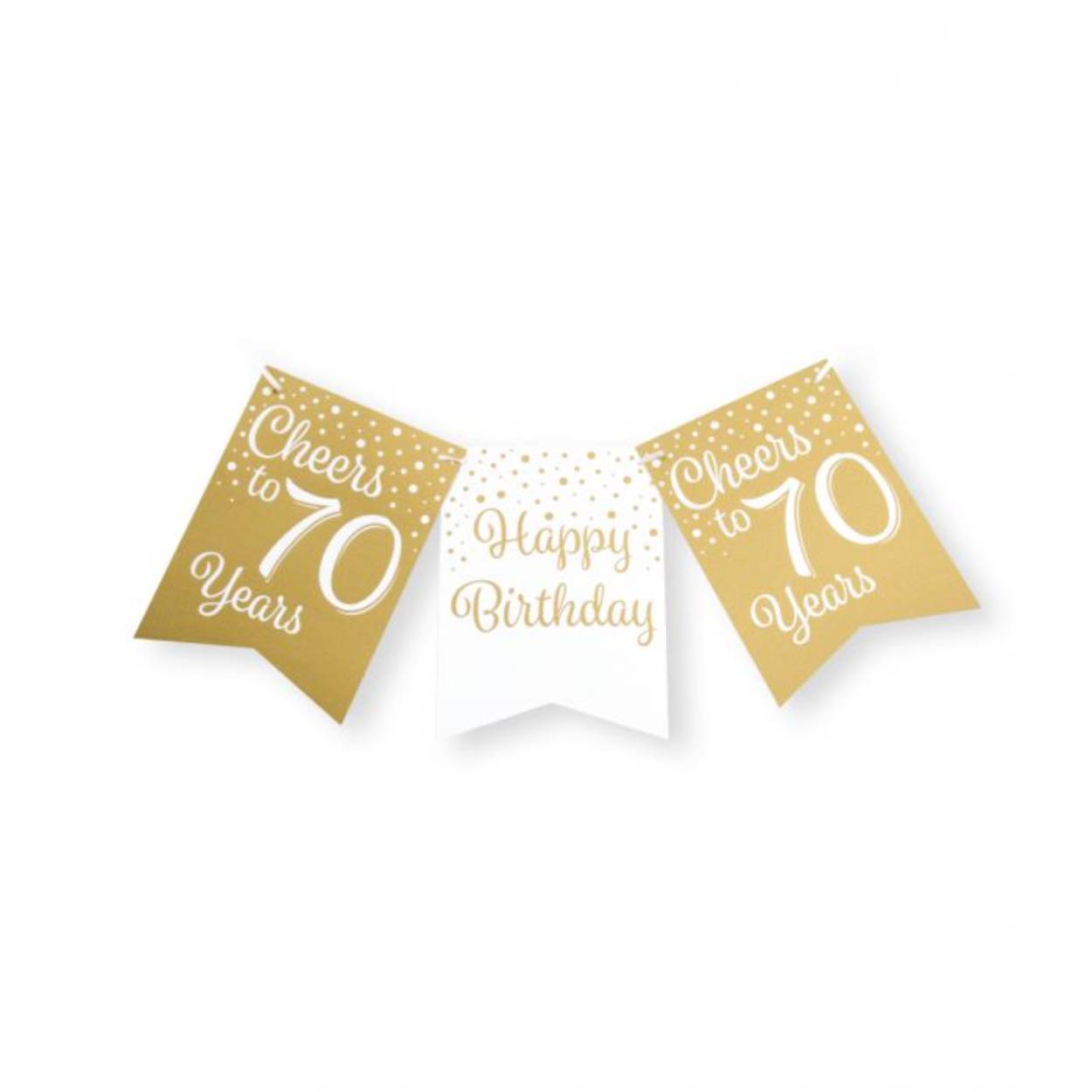 De gold/white party flag banners maken goede sier op een feestje zoals bijvoorbeeld een jubileum, maar ook op een verjaardagsfeest zoals deze gold/white party flag banner met opdruk 70. Door de gebruikte kleuren hebben deze flag banners een luxe maar toch feestelijke uitstraling! De vlaggetjes zijn gemaakt van folie met een bedrukking aan beide kanten