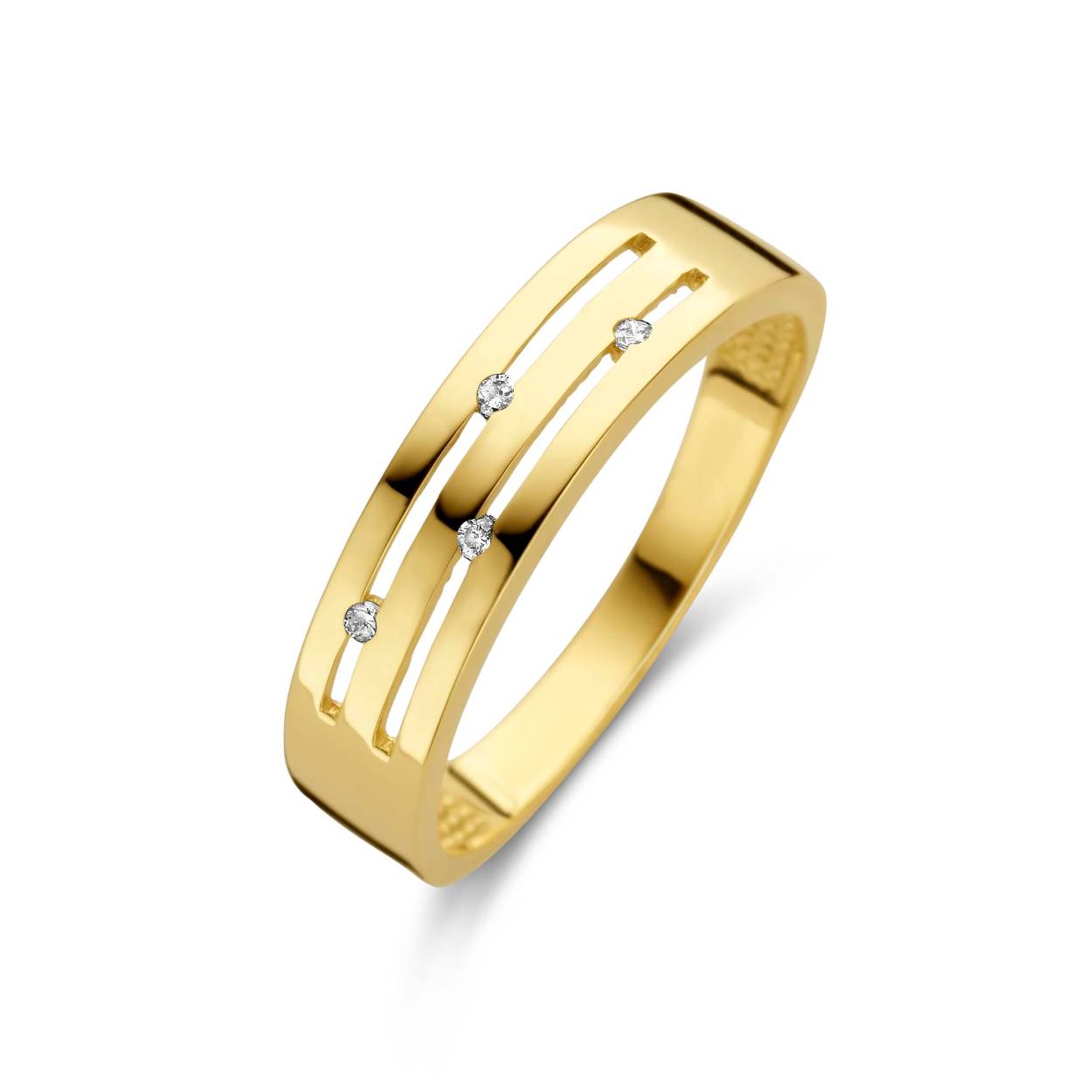 14 karaat gouden ring met 4 diamantjes totaal  0.030crt
maat 16,75 en verkrijgbaar in diverse andere maten