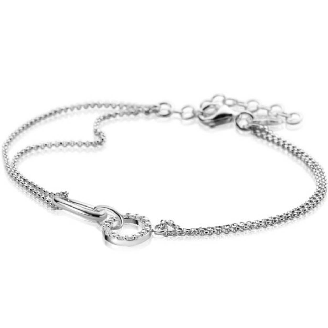 ZINZI zilveren multi-look armband met twee kettinkjes, verbonden aan een ovale schakel en open rondje bezet met witte zirconia's 17-20cm ZIA2463
