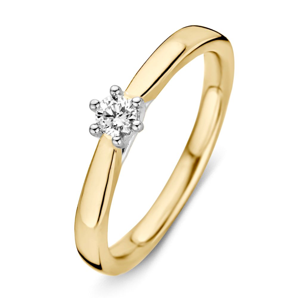 Deze prachtige Excellent Gouden Ring, modelnummer RG416079-56, is ideaal als verlovingsring. Gemaakt van 14-karaats goud, met een briljante geslepen diamant van 0,14 karaat, SI1 zuiverheid en H-kleur. Draag deze betoverende ring op een speciale gelegenheid om je liefde te vieren. Perfect voor een romantisch aanzoek en dagelijkse elegantie.