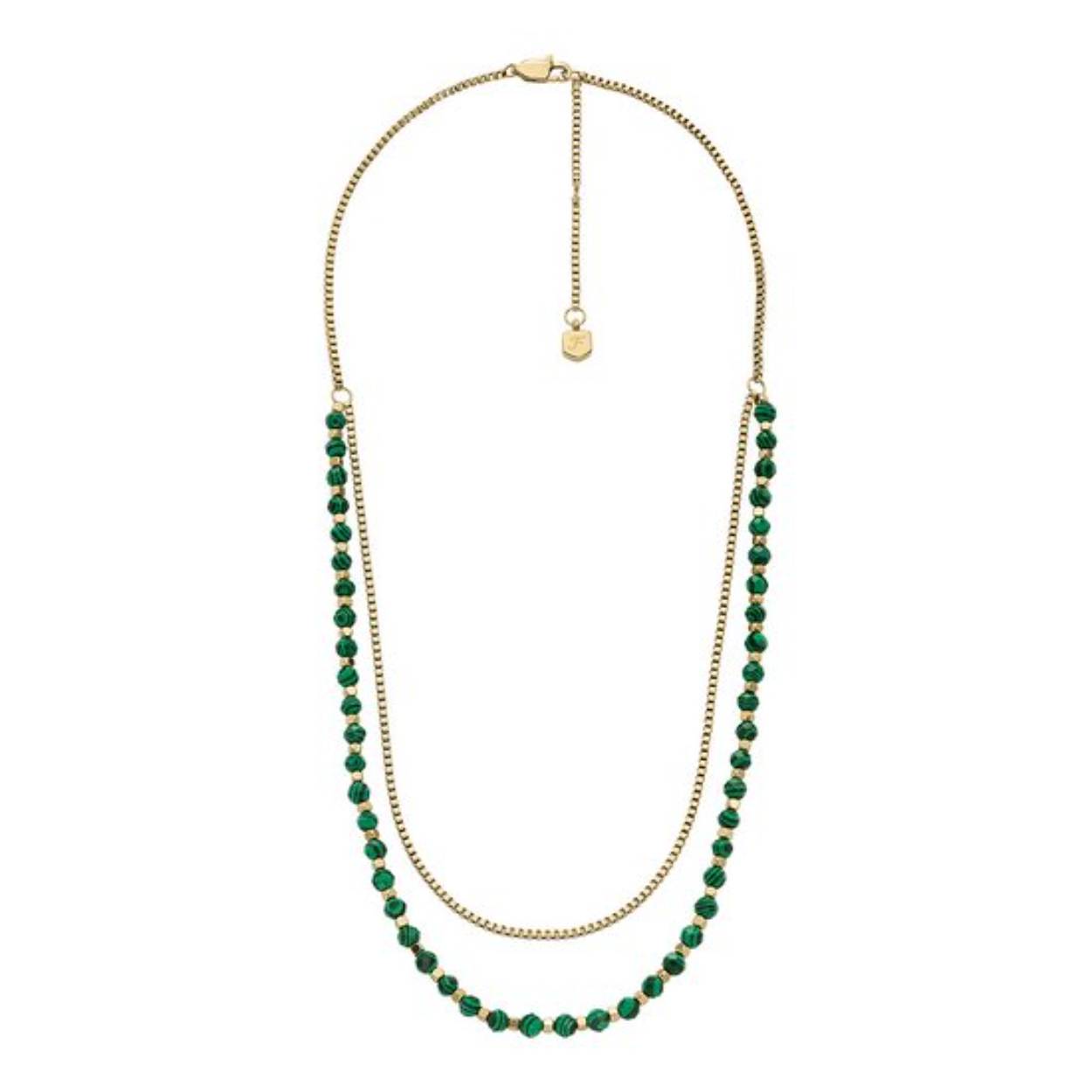 Deze kralenketting is gemaakt van goudkleurig roestvrij staal en gereconstrueerd groen malachiet en heeft een karabijnsluiting.