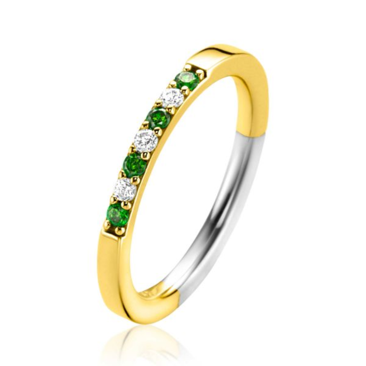 ZIR2557 ZINZI gold plated zilveren aanschuifring met diepgroene kleurstenen en witte zirconia's