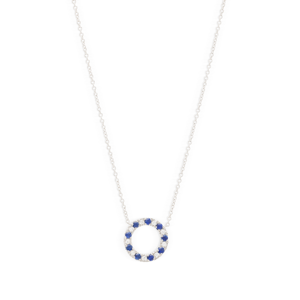 14k witgouden collier met hanger van 15mm met 9x saffier 0.51ct en 9x briljant geslepen diamant 0.16ct