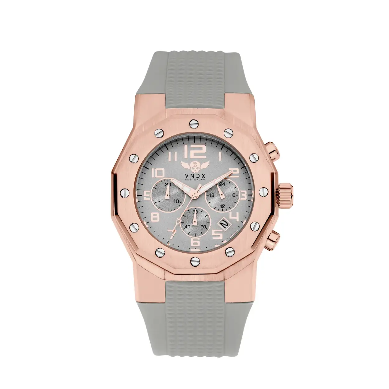 Een stoer horloge voor hem en haar, uitgevoerd met een mat geborstelde rosékleurige stalen kast, gecombineerd met de flexibele en comfortabele grijs siliconen band.

Voorzien van een multifunctionele chronograaf en datumaanduiding, 

Ibiza Rebel; een uniek en stoer horloge voor jezelf, of om cadeau te doen. 

VNDX Amsterdam. Never too late!