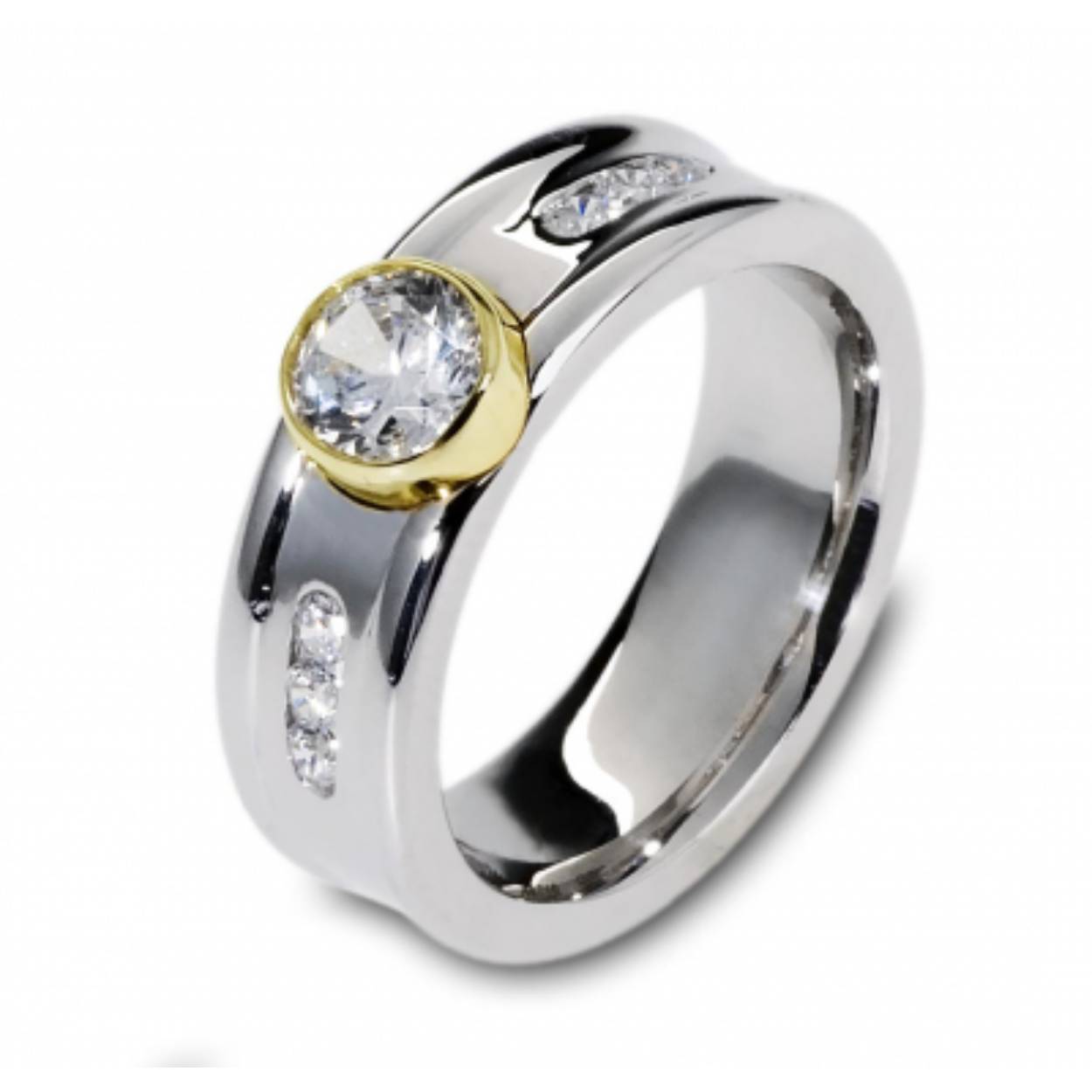Trouwringen witgoud met in de damesring 0,78 ct en in de herenring 0,6 ct. Beide ringen zijn 6,8 mm breed.