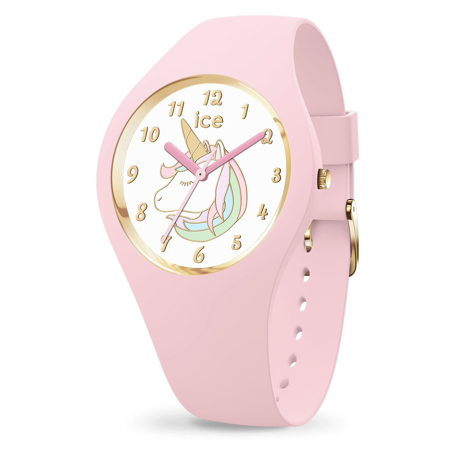 Ice Watch, collectie Ice Fantasia, model 'unicorn pink' - maat S - Roze siliconen band met witte wijzerplaat en 'unicorn' afbeelding - Goudkleurige uuraanduiding - Waterdichtheid: 10 ATM
