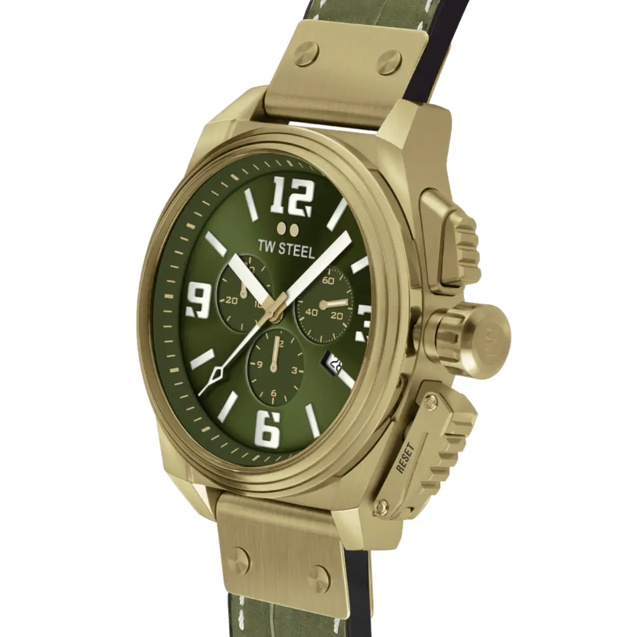 De iconische Canteen is terug! Het originele karakter in een nieuwe look. De TW1015 is voorzien van een Zwitsers chronograaf uurwerk en beschikt over een roségouden kast met een glanzende bezel, anti-reflecterend saffierglas, een olijfgroene croco leren strap en extra lange batterijduur.