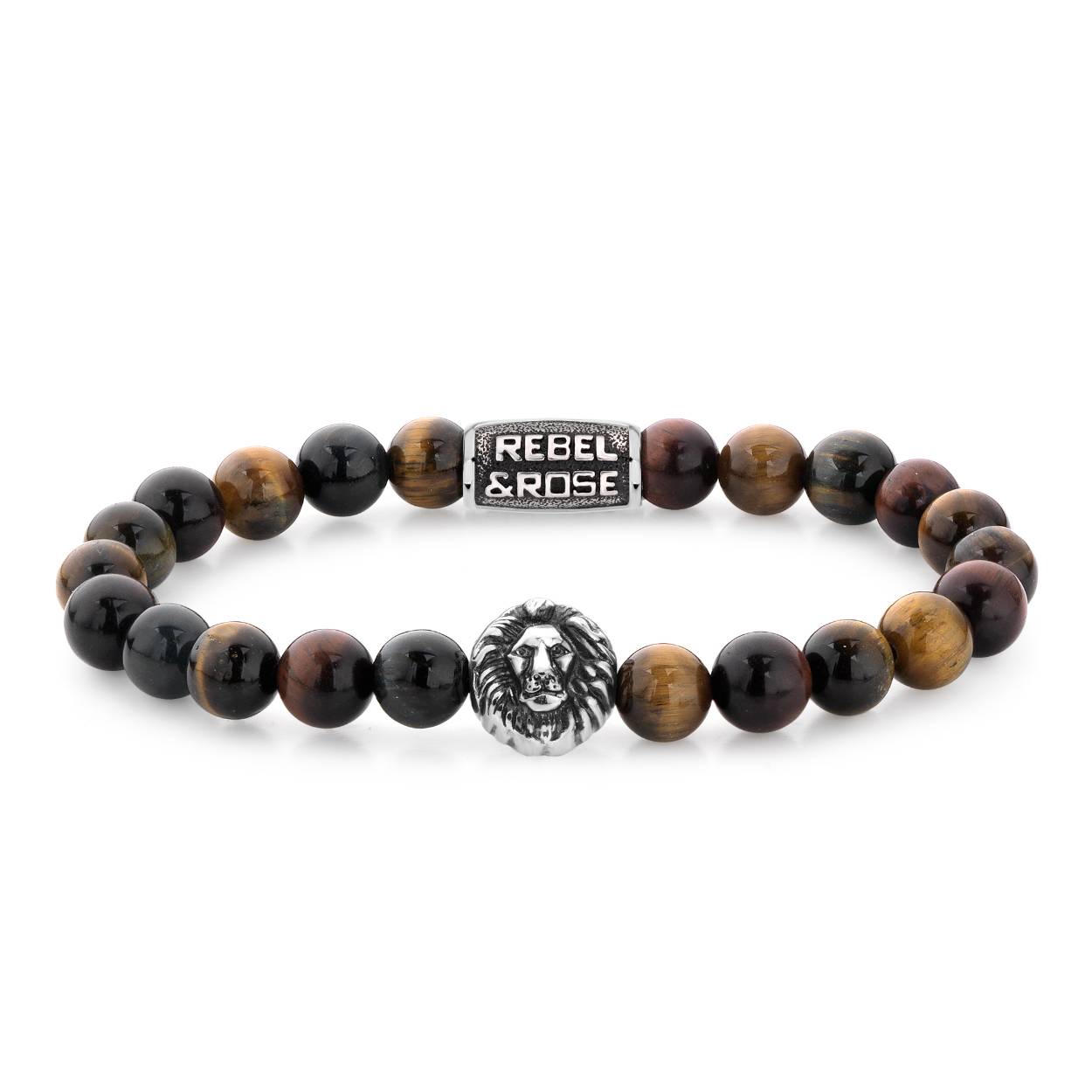 Edelstenen bead armband, handgemaakt van 8mm Tijgeroog mix stenen met een antiek-look Lionhead en sluiting. Het Rebel & Rose sieraad is makkelijk te combineren met andere zilveren, leren of kralenarmbanden.