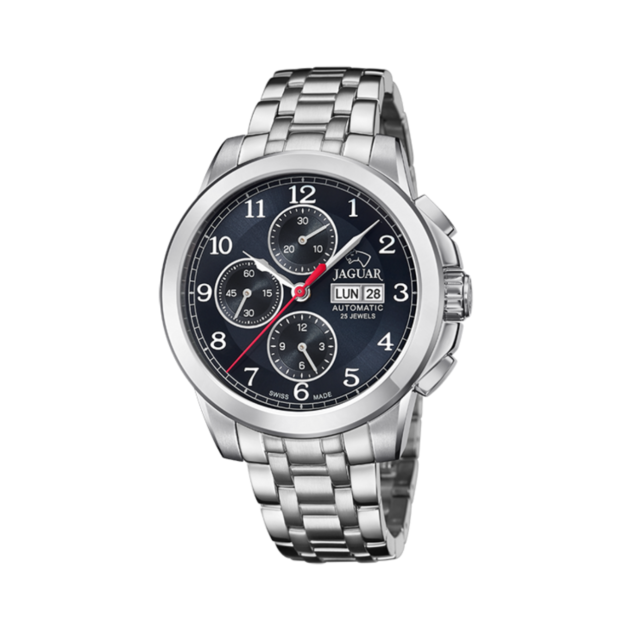 Jaguar herenhorloge J978/3 automatic met een 316l edelstalen kast en een saffierglas voorzien van een 316l edelstalen band.

De kwaliteit en Zwitserse precisie van het merk Jaguar staat synoniem voor uitmuntendheid en voldoet aan de eisen van de trouwe kenner van de haute horlogerie.