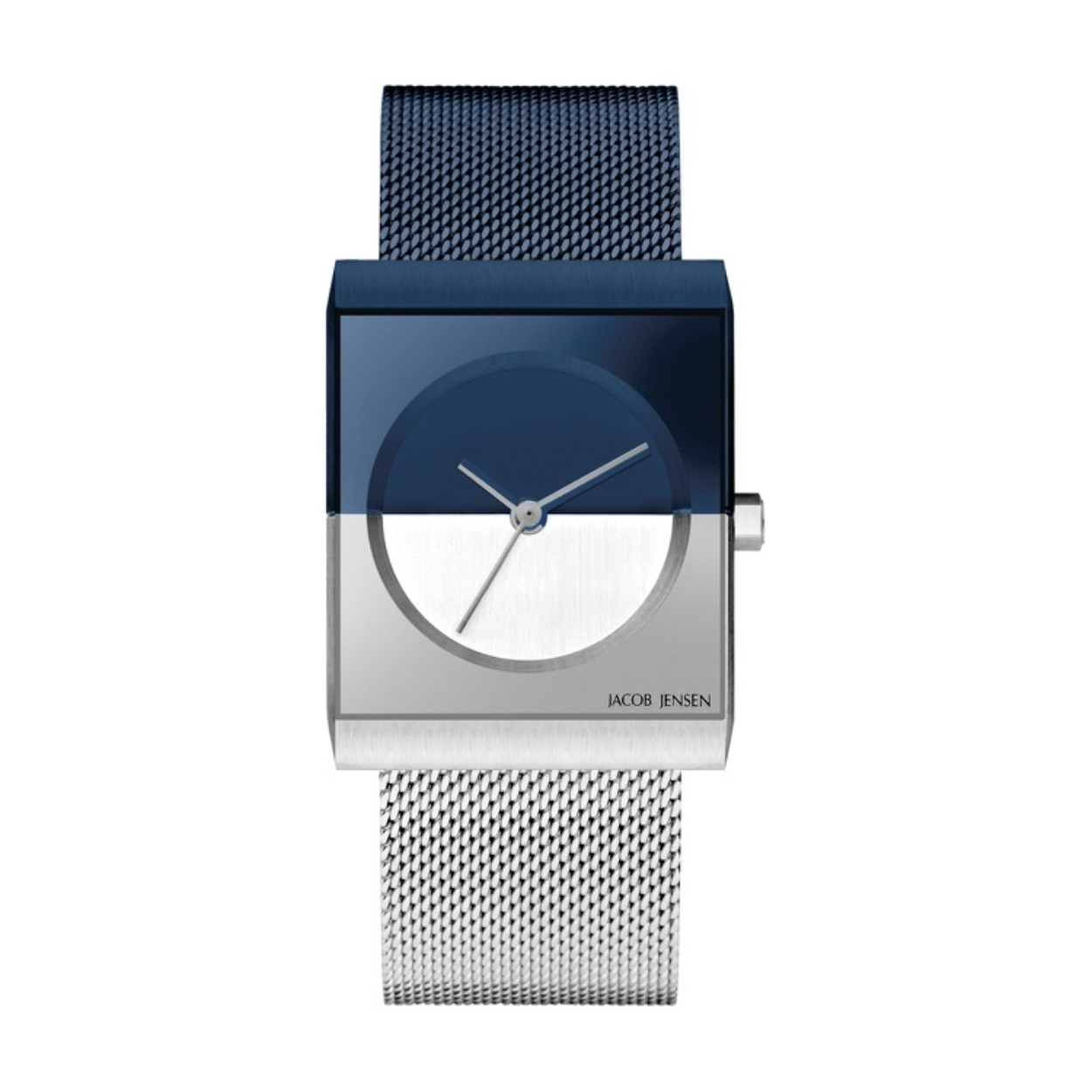Een blauw staal horloge uit de Jacob Jensen moma serie. Dit horloge heeft een saffierglas.