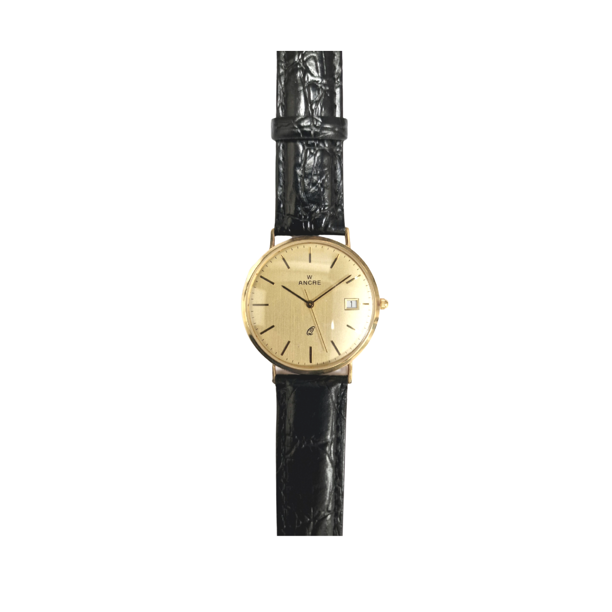 Een plat herenhorloge in 14 kt goud met een leren band. Datum en Seconde.
