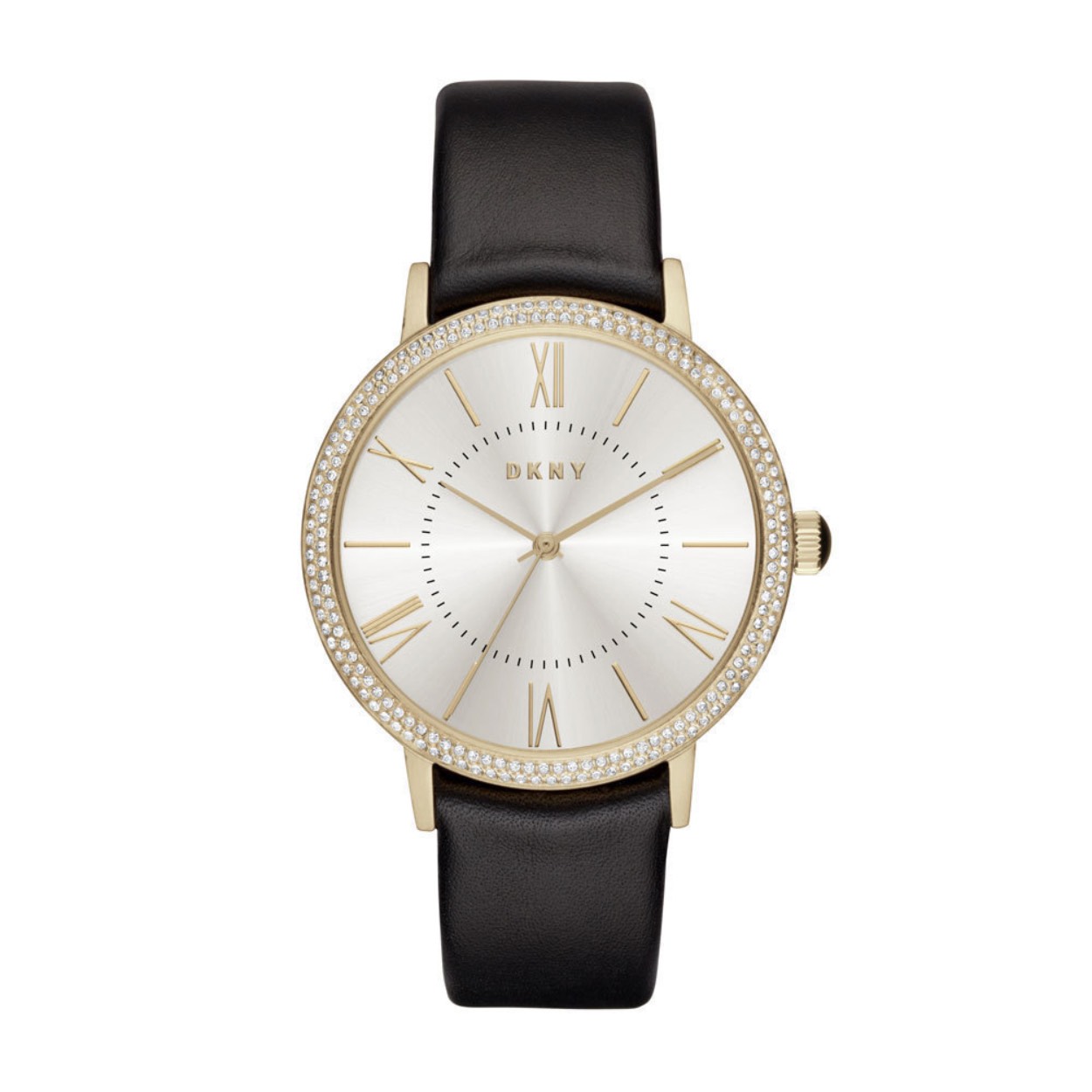 DAMES HORLOGE MET DBL KAST EN STEENTJES OM DE WIJZERPLAAT.
