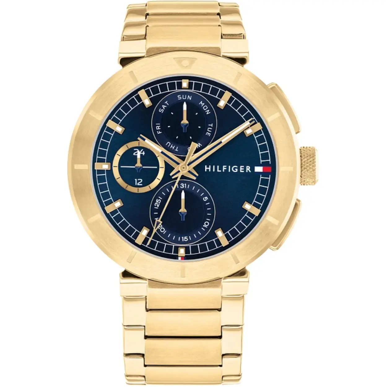 Tommy Hilfiger TH1792118 Horloge Heren Staal Goudkleurig 44mm
Dit specifieke horloge van Tommy Hilfiger uit de Lorenzo serie met artikelnr: TH1792118 is een luxe herenhorloge die niet in je collectie mag ontbreken. Het stalen herenhorloge heeft een ronde goudkleurige kast met een bewerkte bezel en een blauwe sunray wijzerplaat met dag,- datum, en 24-uursaanduiding. De uren worden weergegeven met lumibrite. De goudkleurige schakelband is met een speciale aanzet aan de kast bevestigd, is op lengte verstelbaar en heeft een vouwsluiting. Het horloge heeft een mineraalglas, een doorsnee van 44mm en is 5ATM.  

Het merk:
Sinds de lancering van het merk in 1985 is Tommy Hilfiger wereldwijd bekend geworden als pionier van de klassieke Amerikaanse coole stijl. Geïnspireerd door de iconische popcultuur en het Amerikaanse erfgoed. De dames en herencollectie van dit seizoen bestaan uit minimalistische silhouetten en rustieke lederen details. De herenhorlogecollectie biedt iconische uurwerken met roestvrijstalen, lederen en siliconen banden.

Specificaties:
- Mineraalglas
- Ronde kast 44mm
- Goudkleurige horlogekast
- Blauwe wijzerplaat 
- Goudkleurige schakelband 
- 5ATM