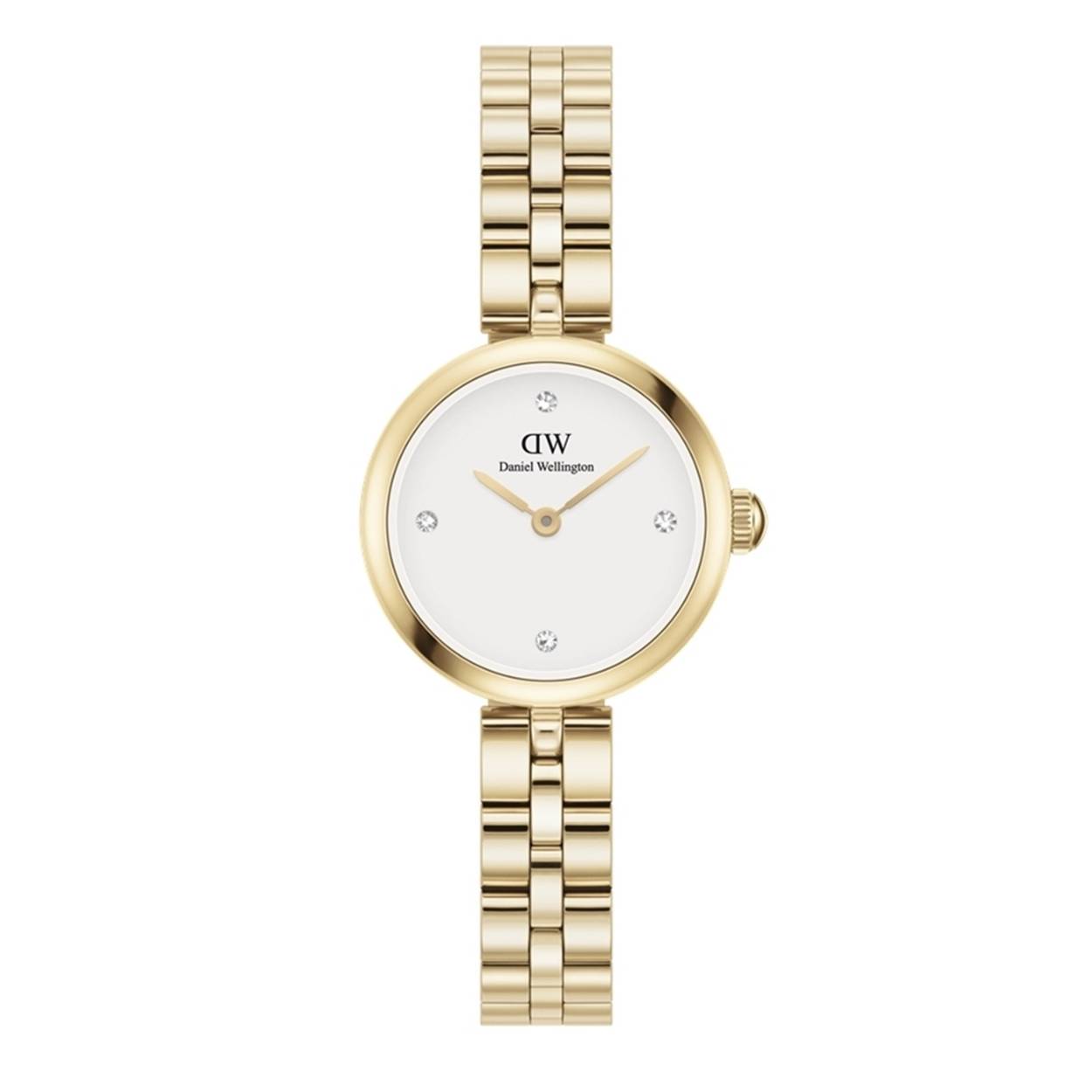 Elan Lumine, de eerste cross-over tussen onze sieraden- en horlogecollecties, deelt dezelfde delicate silhouet- en logo-ontwerpdetails als de gelijknamige stukken. Voorzien van een gouden band met 3 schakels en kristallen op de witte wijzerplaat.