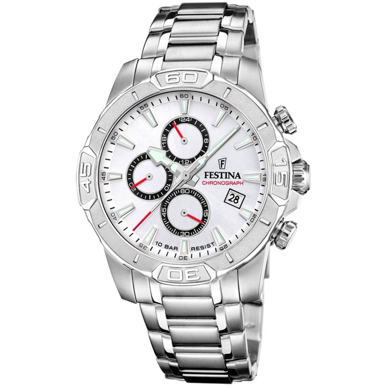 Festina F20704/1 Heren Horloge - Chronograaf - Mineraalglas - Roestvrijstaal/Leer - Zilverkleurig - Quartz - Gesp - 10 ATM (zwemmen)