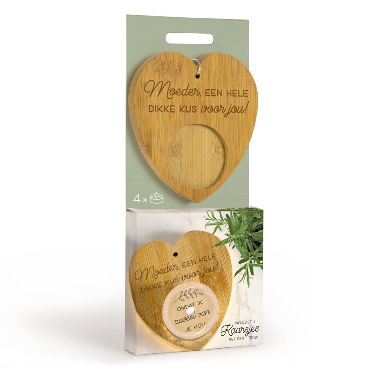 Deze Verrassingskaarsjes zijn een origineel cadeautje waar diegene die dit krijgen voor zullen smelten. Een setje verrassingskaarsjes inclusief een bamboe houder. Samen verpakt in een prachtig luxe cadeauverpakking.

De grote verrassing van deze kaarsjes zit in het kaarsje zelf. Zodra de wax begint te smelten, wordt het persoonlijke compliment, de liefdevolle boodschap, onthult. Samen met het compliment op de bamboe houder zijn de Verrassingskaarsjes een compleet, origineel en bovenal persoonlijk cadeau.
