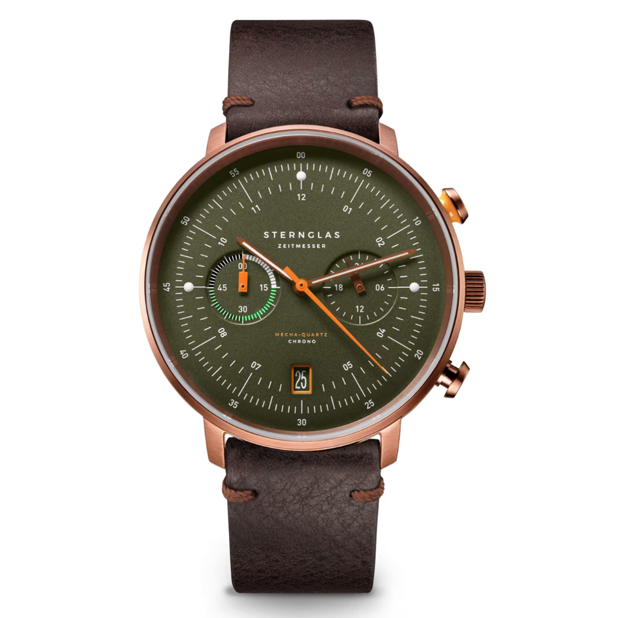 Sternglas S01-HC35-VI17 HAMBURG Heren Horloge

- Behuizing gemaakt van staal, in de kleur brons
- Horlogeband gemaakt van leer, in de kleur bruin, met gesp
- Quartz uurwerk, werkt op batterijen
- Datum weergave
- Voorzien van saffierglas, zeer hard en vrijwel krasvrij
- 5 ATM waterdicht, geschikt om mee te douchen.
- Breedte van de behuizing is 42 mm
- Dikte van de behuizing is 10 mm